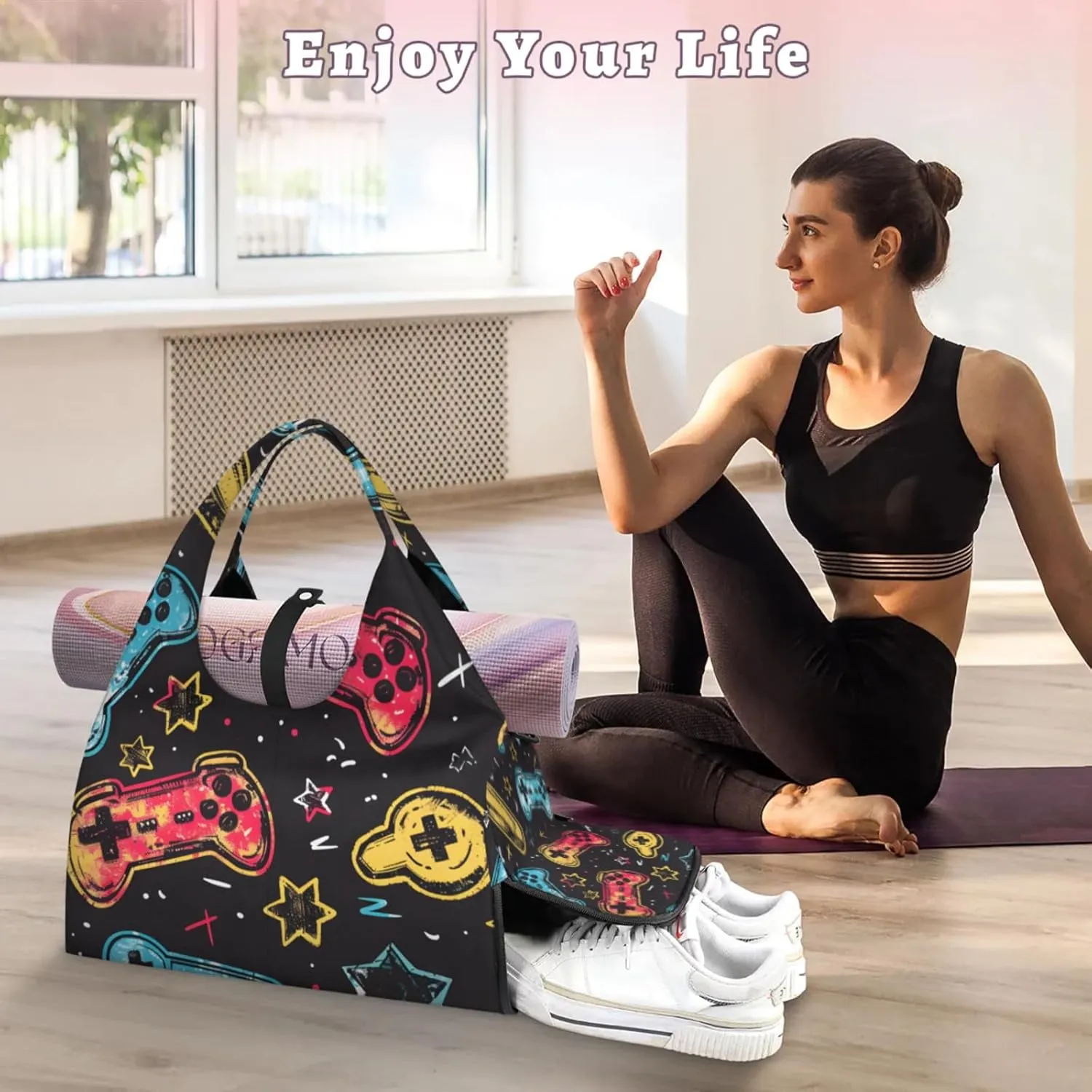 Gym Bag for Women Games Theme Duffel Bag with Shoe Compartment and Yoga Mat Holder Portable Weekender Bags Travel Tote Bags