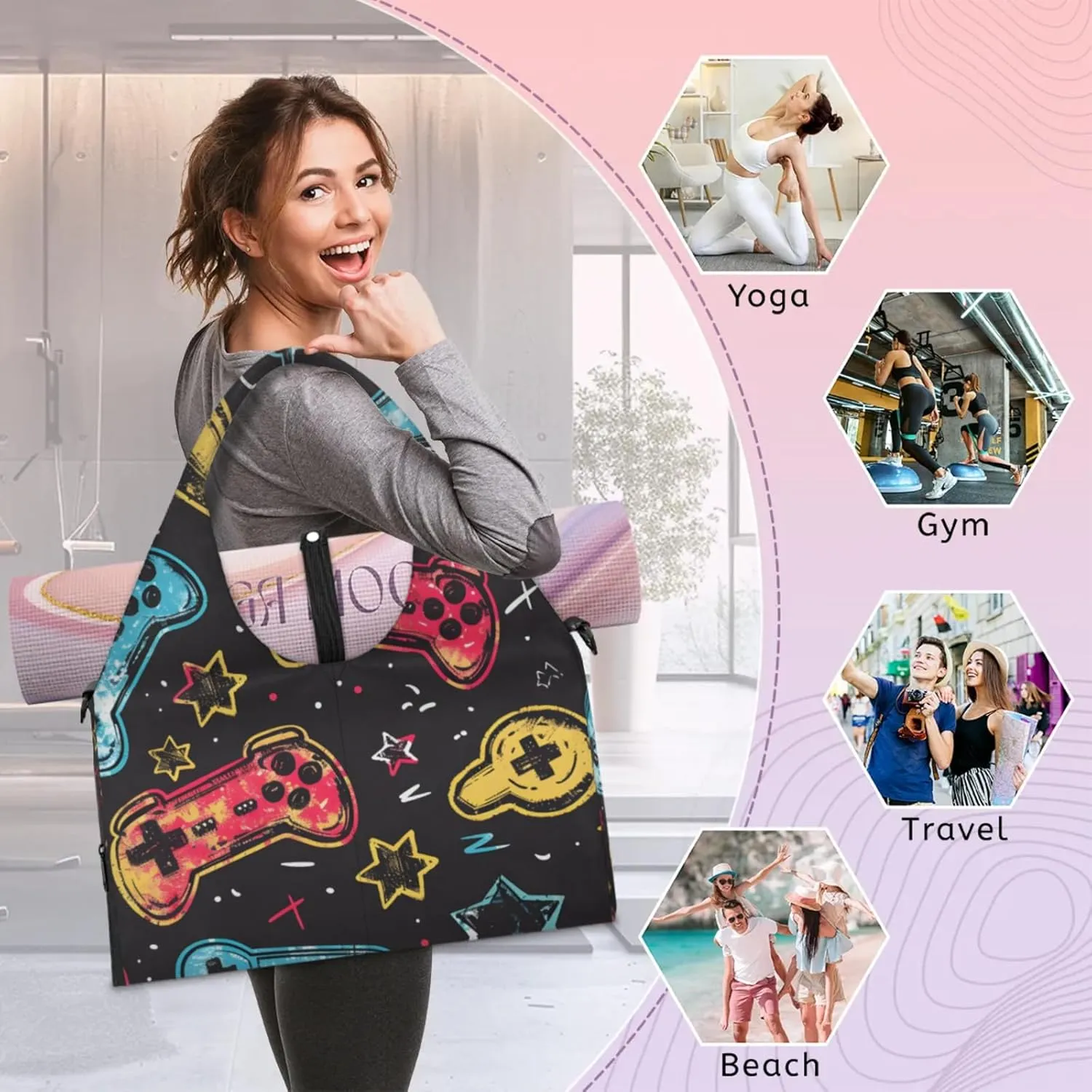 Gym Bag for Women Games Theme Duffel Bag with Shoe Compartment and Yoga Mat Holder Portable Weekender Bags Travel Tote Bags