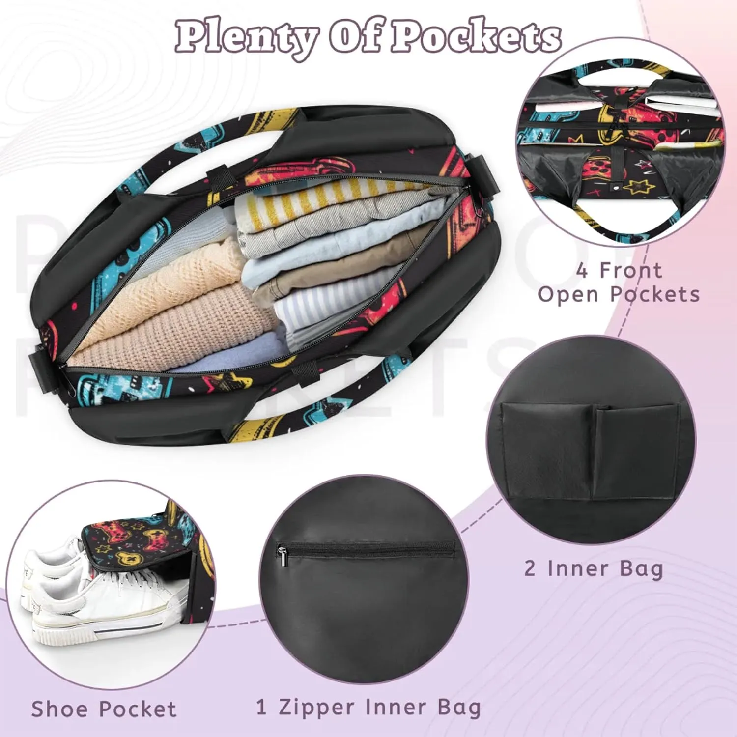Gym Bag for Women Games Theme Duffel Bag with Shoe Compartment and Yoga Mat Holder Portable Weekender Bags Travel Tote Bags