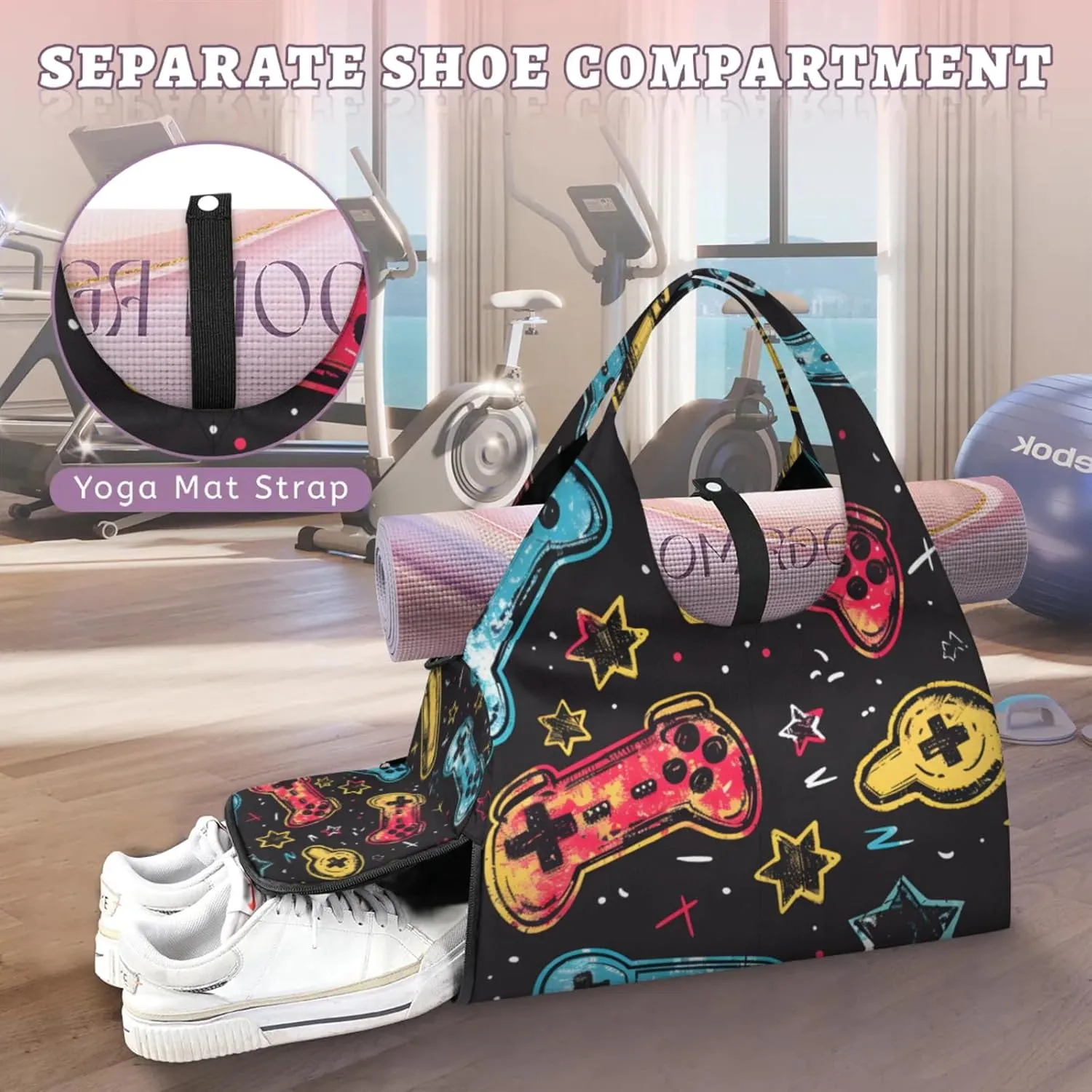 Gym Bag for Women Games Theme Duffel Bag with Shoe Compartment and Yoga Mat Holder Portable Weekender Bags Travel Tote Bags