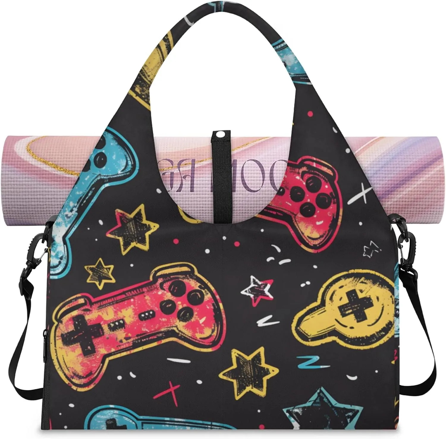 Gym Bag for Women Games Theme Duffel Bag with Shoe Compartment and Yoga Mat Holder Portable Weekender Bags Travel Tote Bags