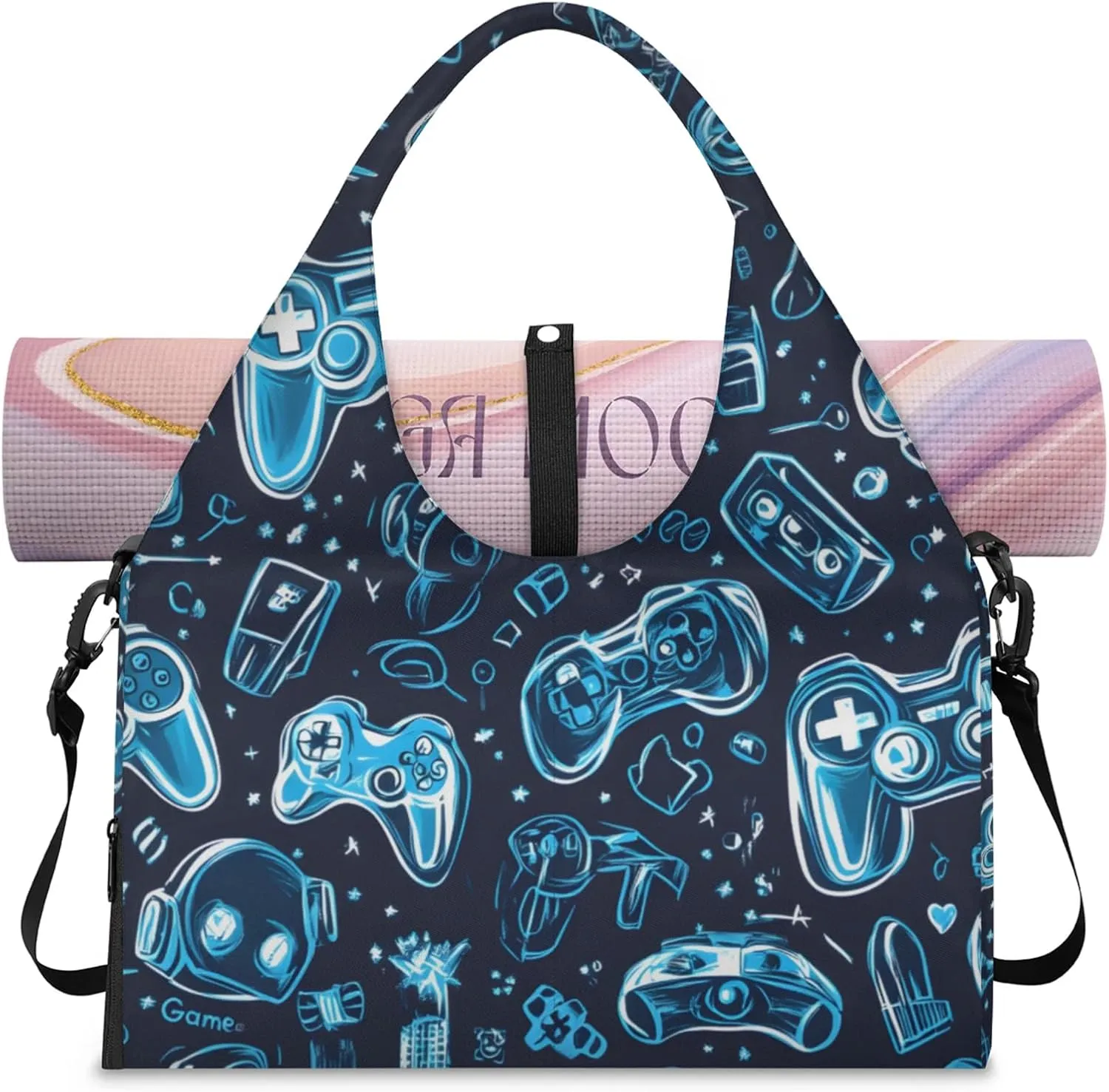 Gym Bag for Women Gaming Controller Print Duffel Bag with Shoe Compartment and Yoga Mat Holder Portable Weekender Bags Travel Tote Bags