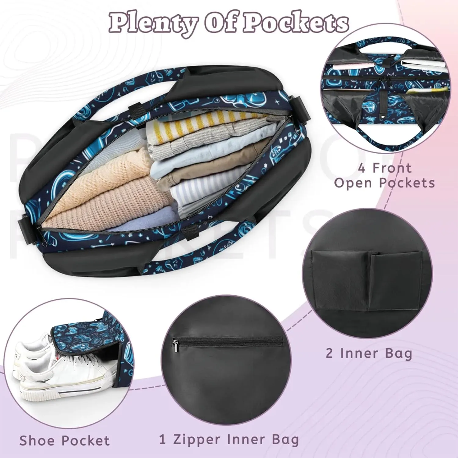 Gym Bag for Women Gaming Controller Print Duffel Bag with Shoe Compartment and Yoga Mat Holder Portable Weekender Bags Travel Tote Bags