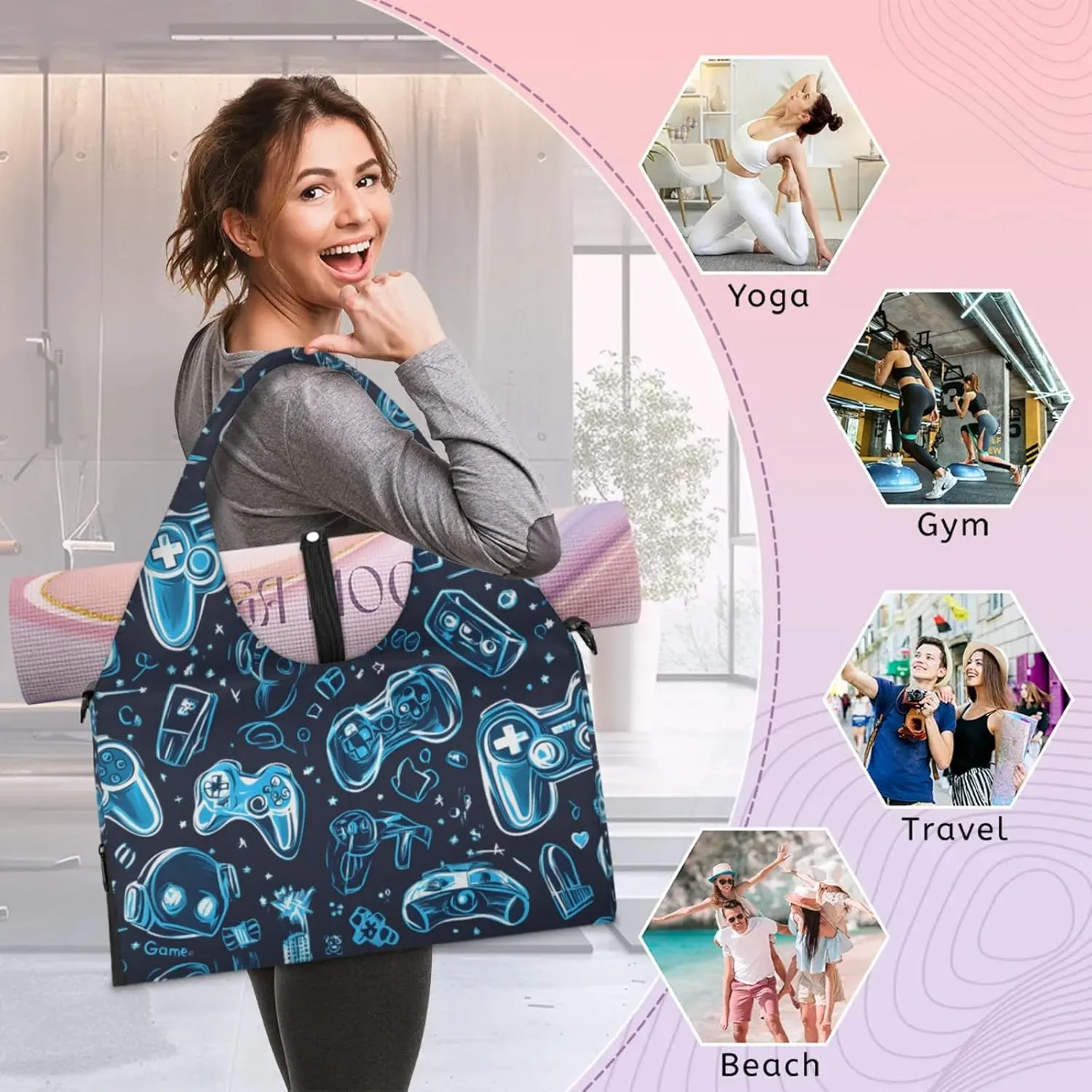 Gym Bag for Women Gaming Controller Print Duffel Bag with Shoe Compartment and Yoga Mat Holder Portable Weekender Bags Travel Tote Bags