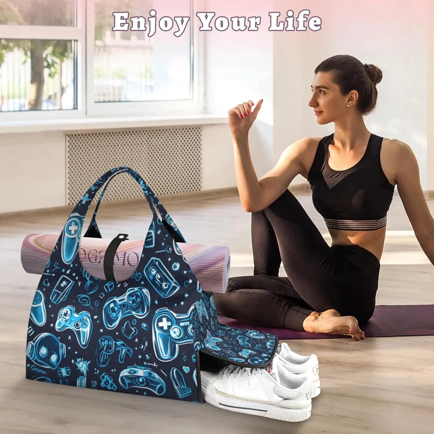 Gym Bag for Women Gaming Controller Print Duffel Bag with Shoe Compartment and Yoga Mat Holder Portable Weekender Bags Travel Tote Bags