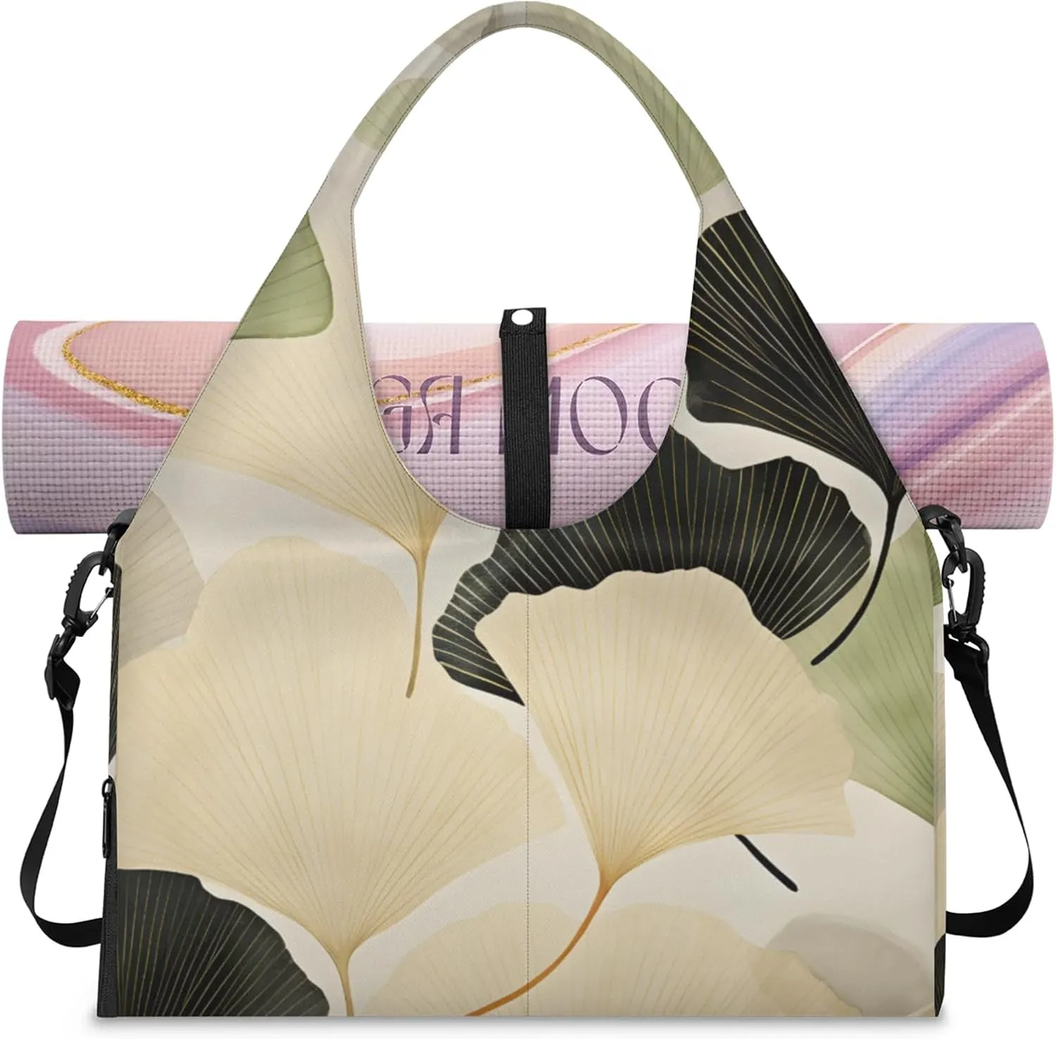 Gym Bag for Women Ginkgo Leaf Duffel Bag with Shoe Compartment and Yoga Mat Holder Portable Weekender Bags Travel Tote Bags