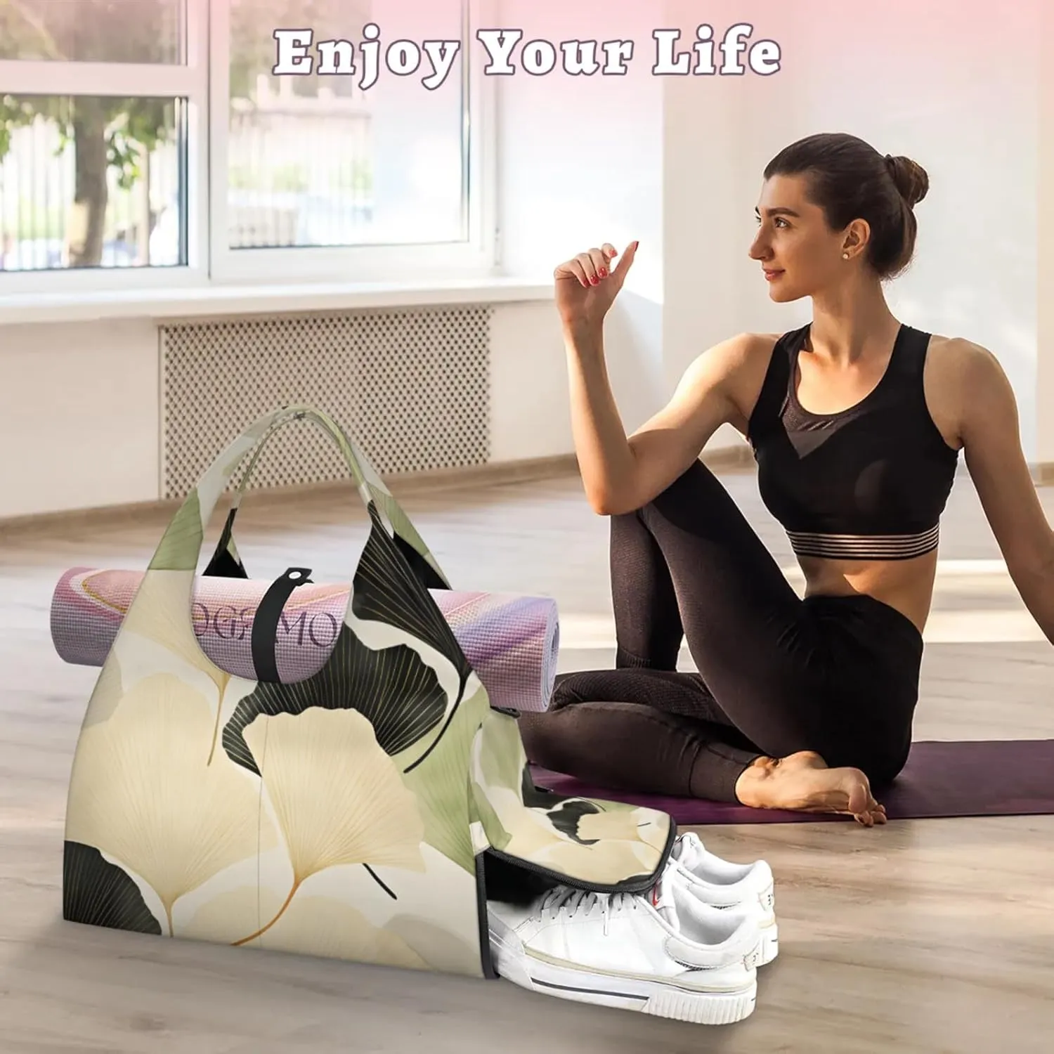 Gym Bag for Women Ginkgo Leaf Duffel Bag with Shoe Compartment and Yoga Mat Holder Portable Weekender Bags Travel Tote Bags