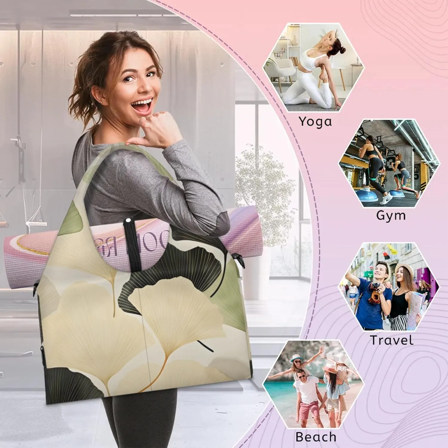Gym Bag for Women Ginkgo Leaf Duffel Bag with Shoe Compartment and Yoga Mat Holder Portable Weekender Bags Travel Tote Bags