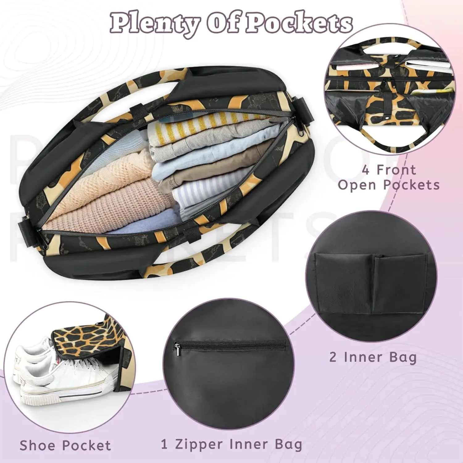 Gym Bag for Women Giraffe Pattern Duffel Bag with Shoe Compartment and Yoga Mat Holder Portable Weekender Bags Travel Tote Bags