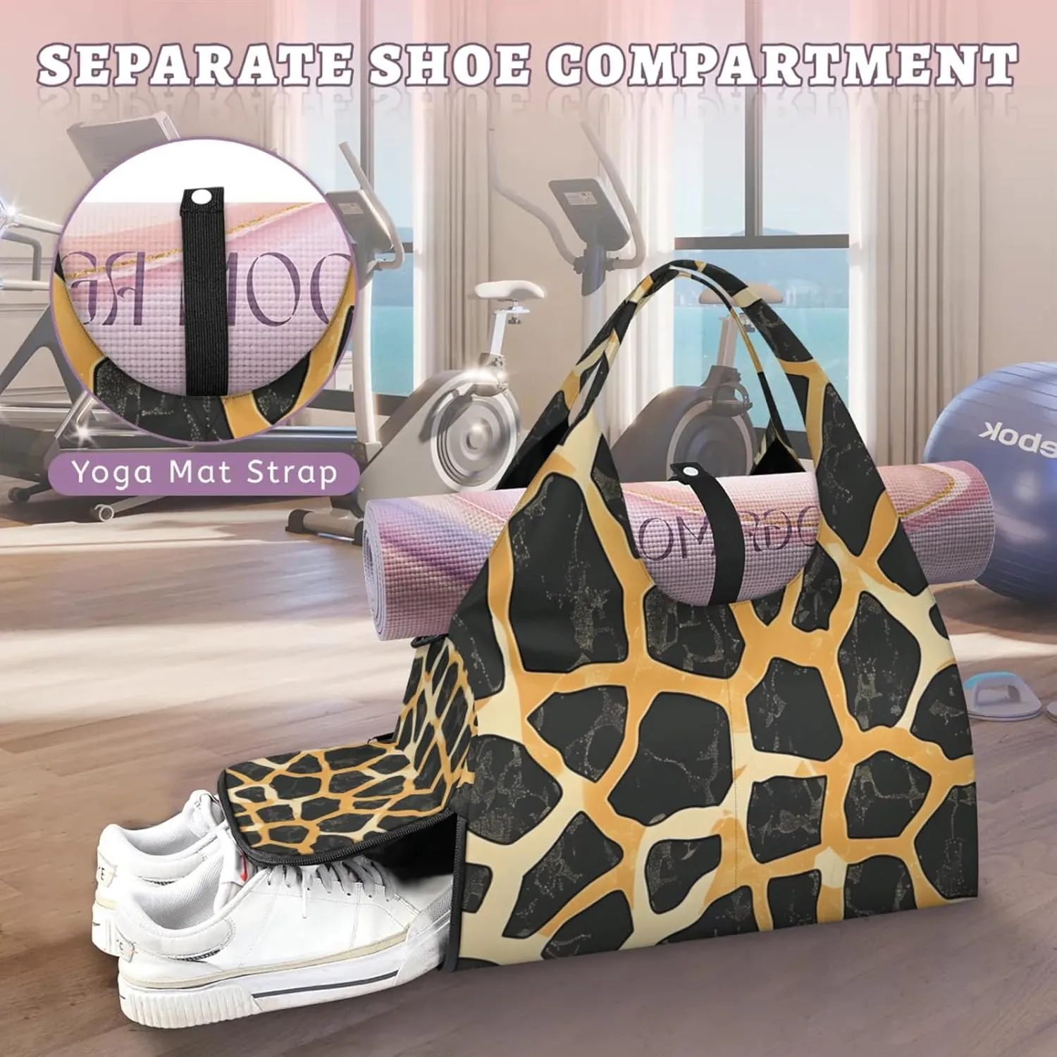Gym Bag for Women Giraffe Pattern Duffel Bag with Shoe Compartment and Yoga Mat Holder Portable Weekender Bags Travel Tote Bags