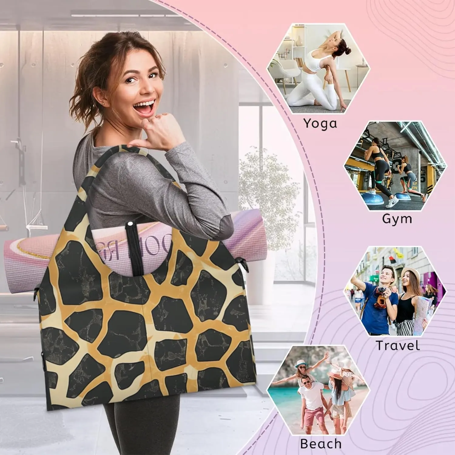 Gym Bag for Women Giraffe Pattern Duffel Bag with Shoe Compartment and Yoga Mat Holder Portable Weekender Bags Travel Tote Bags