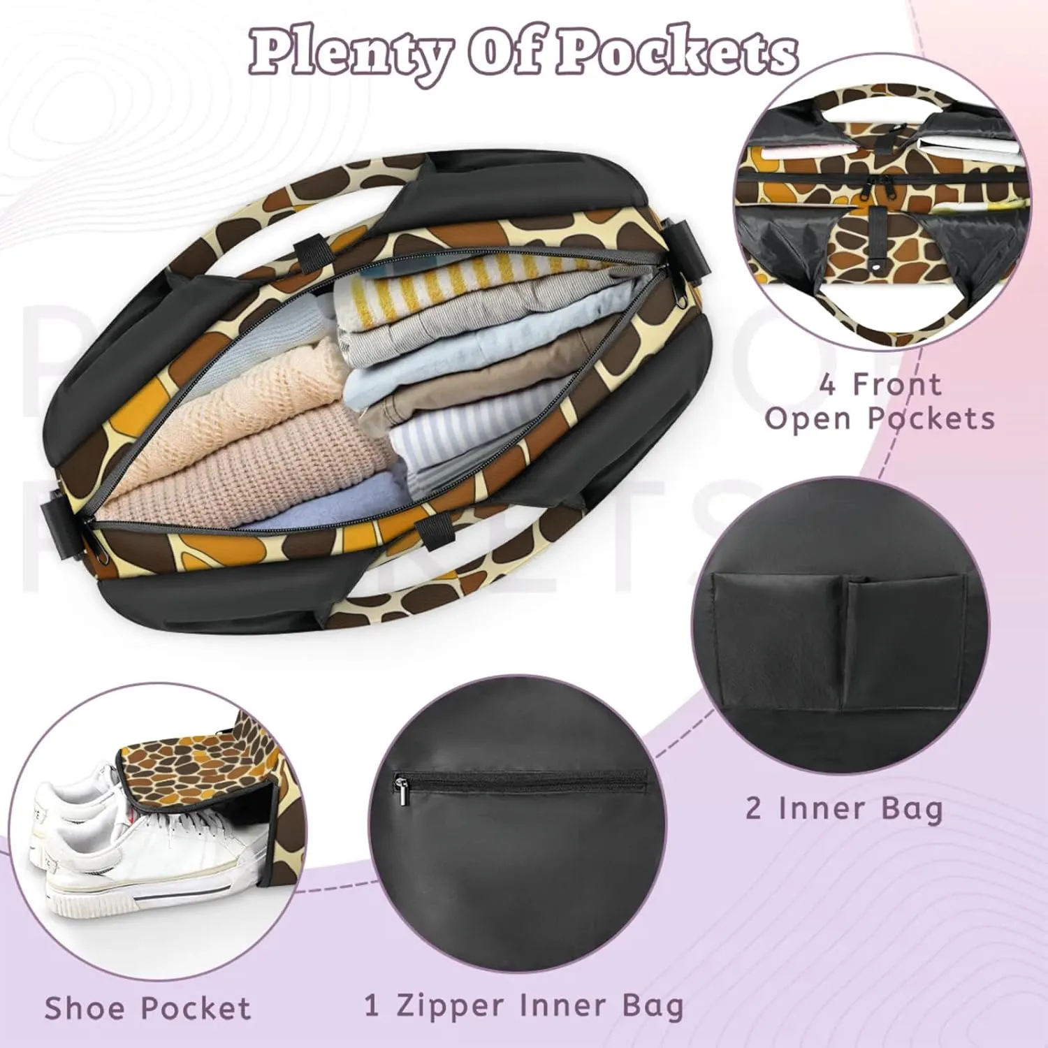 Gym Bag for Women Giraffes Print Duffel Bag with Shoe Compartment and Yoga Mat Holder Portable Weekender Bags Travel Tote Bags