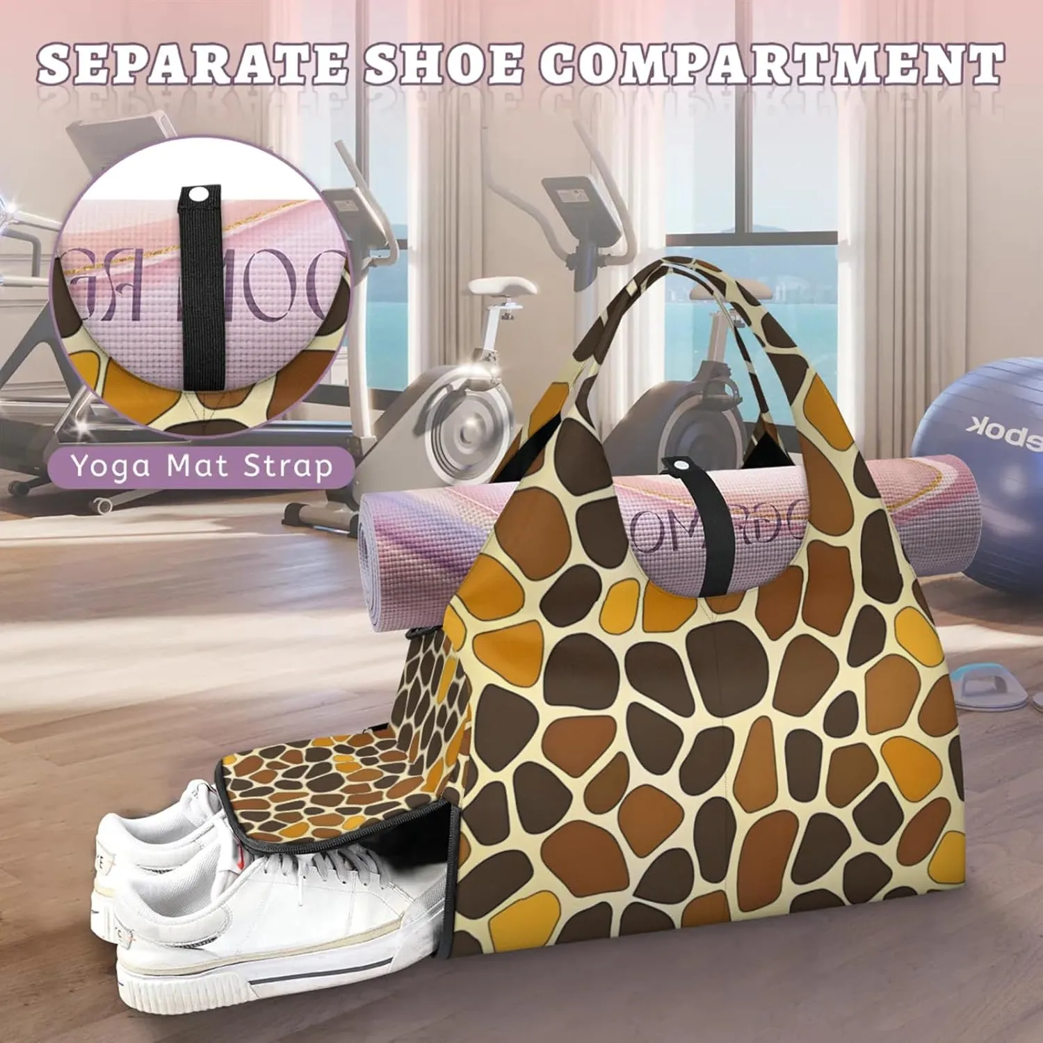 Gym Bag for Women Giraffes Print Duffel Bag with Shoe Compartment and Yoga Mat Holder Portable Weekender Bags Travel Tote Bags
