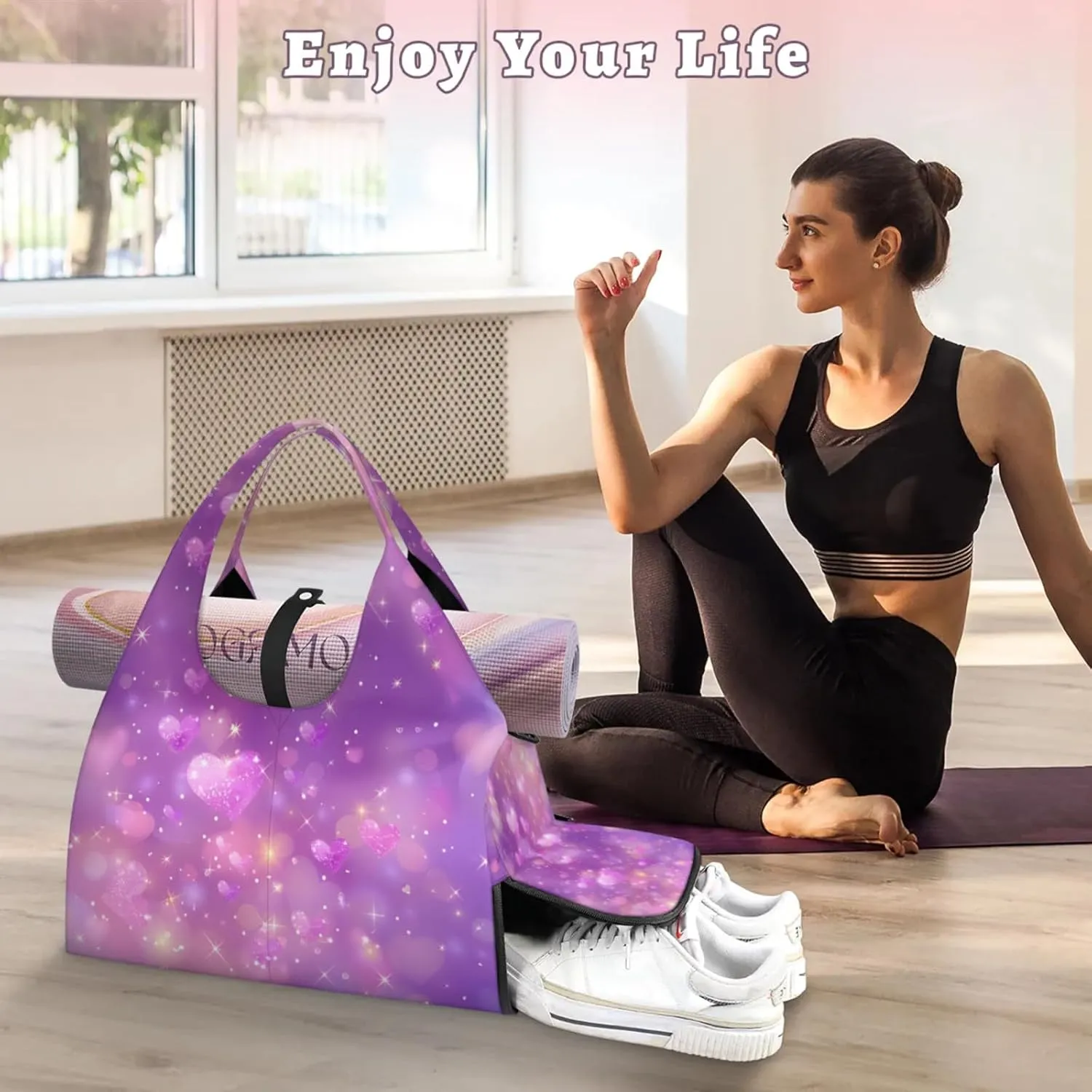 Gym Bag for Women Hearts Stars Duffel Bag with Shoe Compartment and Yoga Mat Holder Portable Weekender Bags Travel Tote Bags