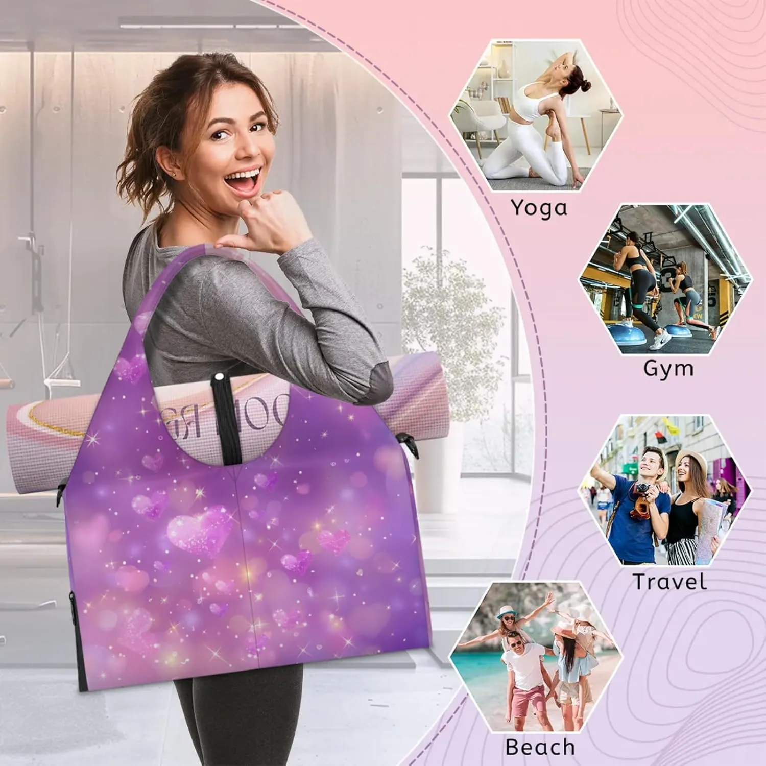 Gym Bag for Women Hearts Stars Duffel Bag with Shoe Compartment and Yoga Mat Holder Portable Weekender Bags Travel Tote Bags