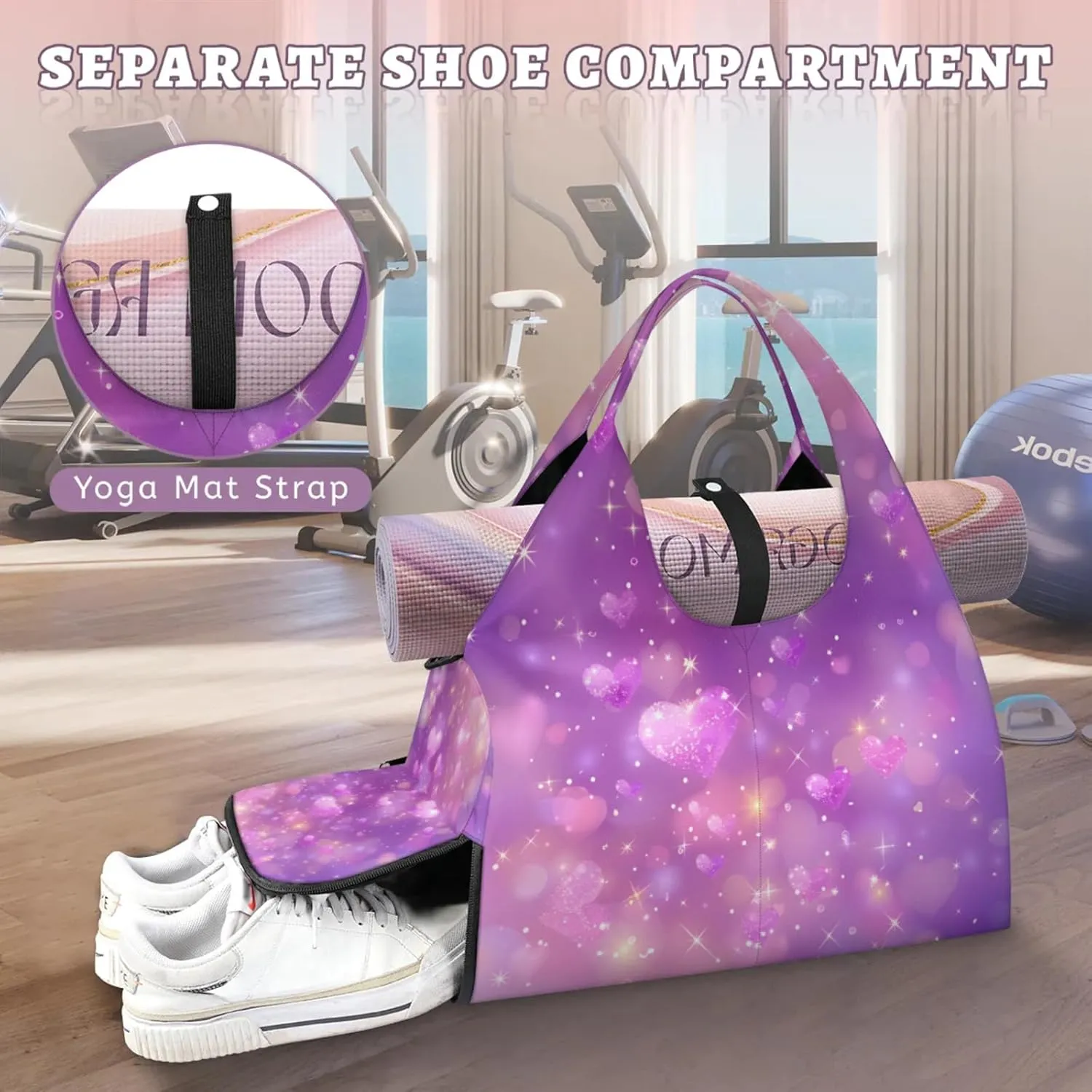 Gym Bag for Women Hearts Stars Duffel Bag with Shoe Compartment and Yoga Mat Holder Portable Weekender Bags Travel Tote Bags