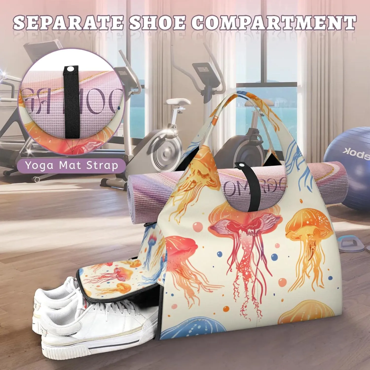 Gym Bag for Women Jellyfish Sea Duffel Bag with Shoe Compartment and Yoga Mat Holder Portable Weekender Bags Travel Tote Bags