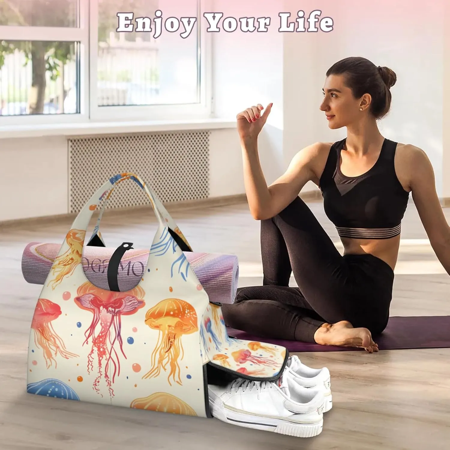 Gym Bag for Women Jellyfish Sea Duffel Bag with Shoe Compartment and Yoga Mat Holder Portable Weekender Bags Travel Tote Bags
