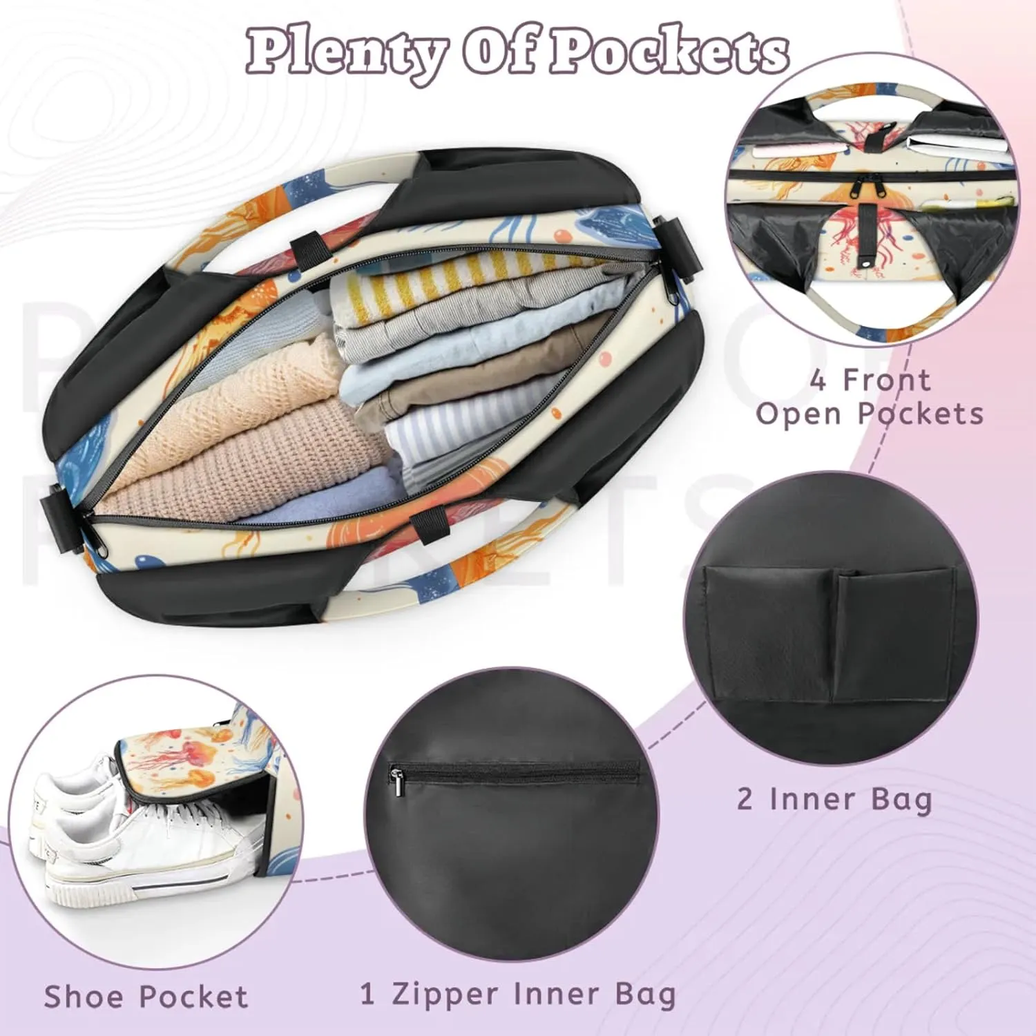 Gym Bag for Women Jellyfish Sea Duffel Bag with Shoe Compartment and Yoga Mat Holder Portable Weekender Bags Travel Tote Bags