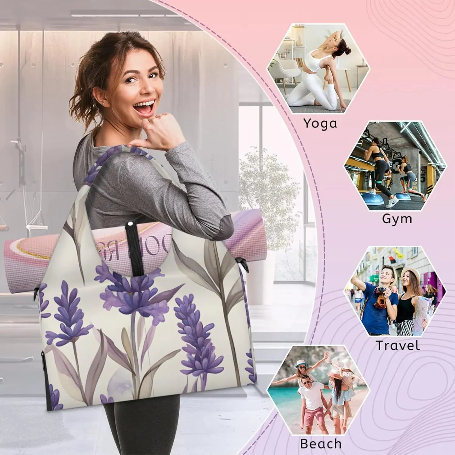 Gym Bag for Women Lavender Themed Duffel Bag with Shoe Compartment and Yoga Mat Holder Portable Weekender Bags Travel Tote Bags