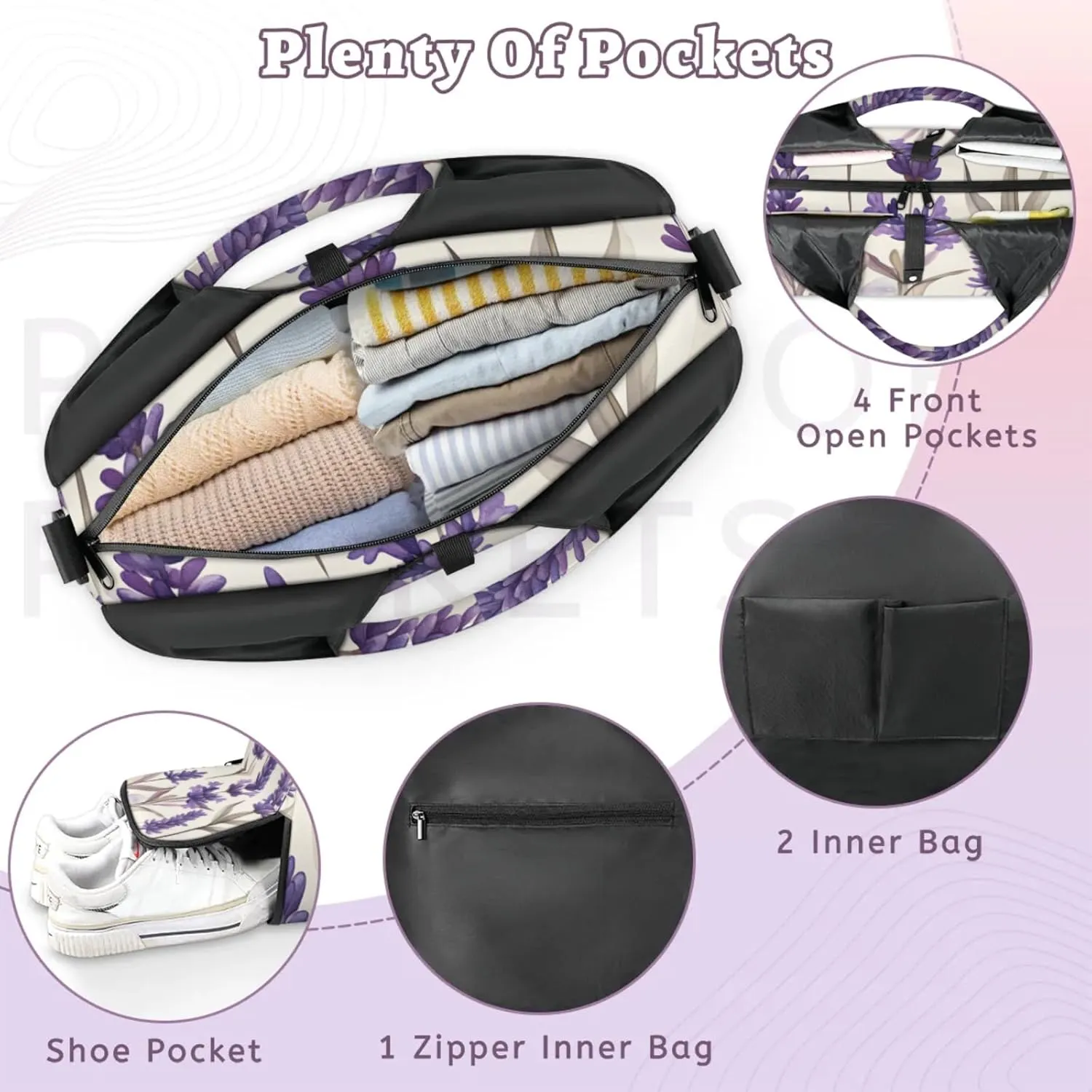 Gym Bag for Women Lavender Themed Duffel Bag with Shoe Compartment and Yoga Mat Holder Portable Weekender Bags Travel Tote Bags