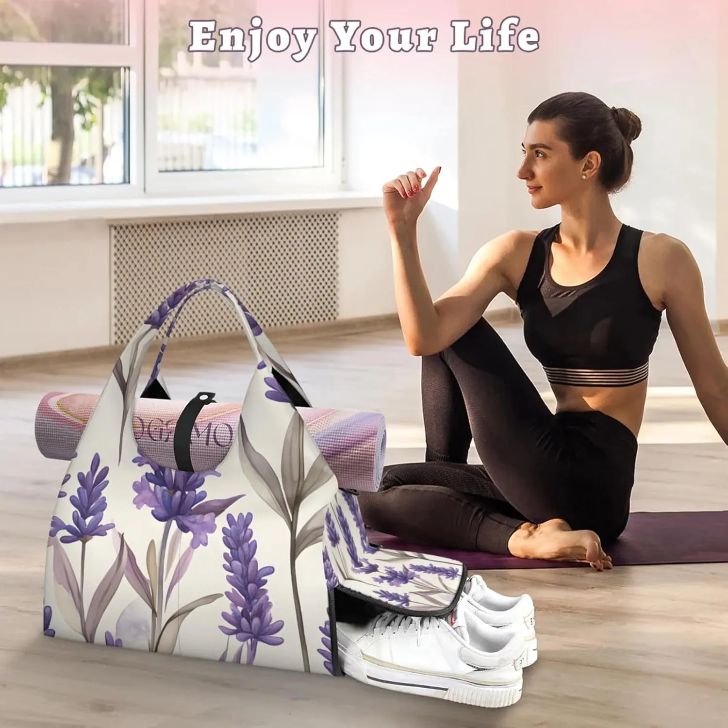 Gym Bag for Women Lavender Themed Duffel Bag with Shoe Compartment and Yoga Mat Holder Portable Weekender Bags Travel Tote Bags
