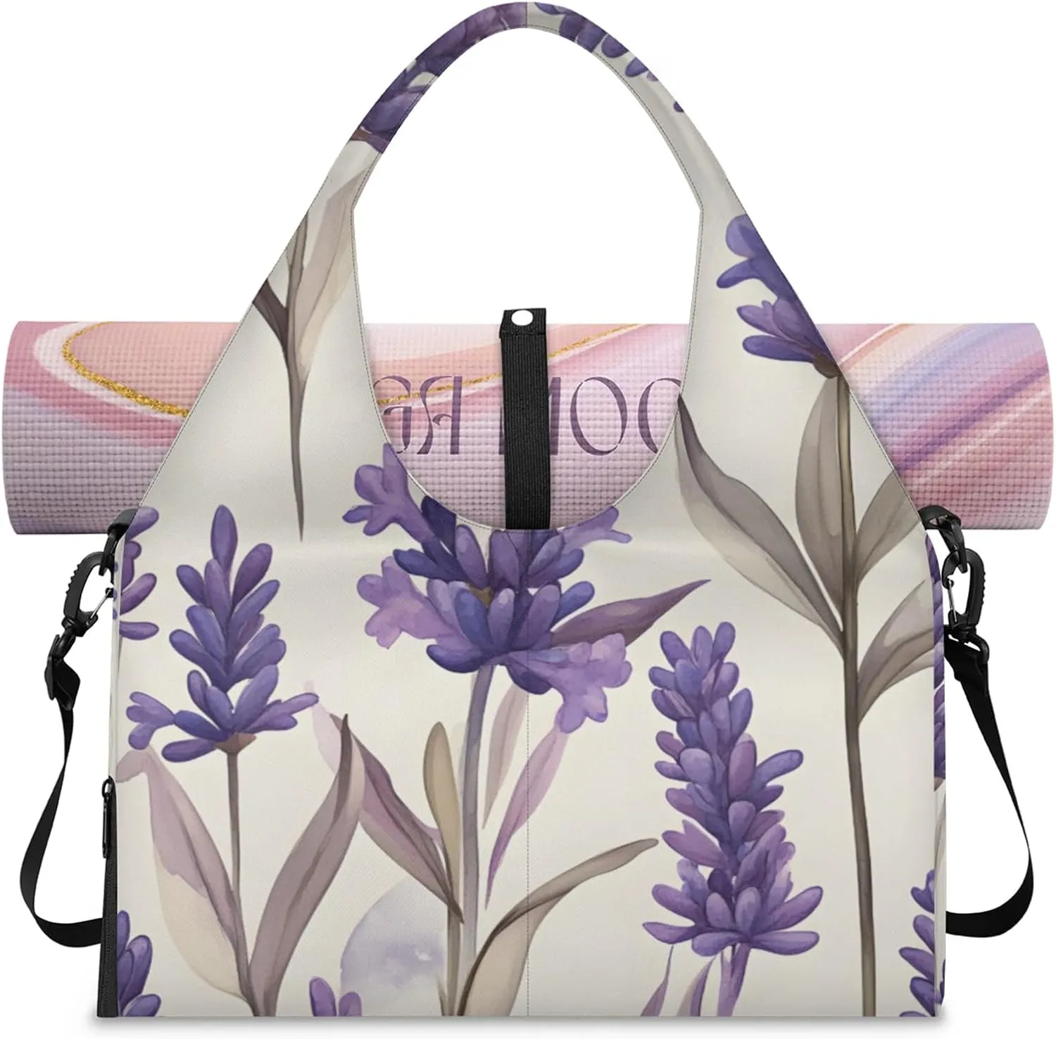 Gym Bag for Women Lavender Themed Duffel Bag with Shoe Compartment and Yoga Mat Holder Portable Weekender Bags Travel Tote Bags