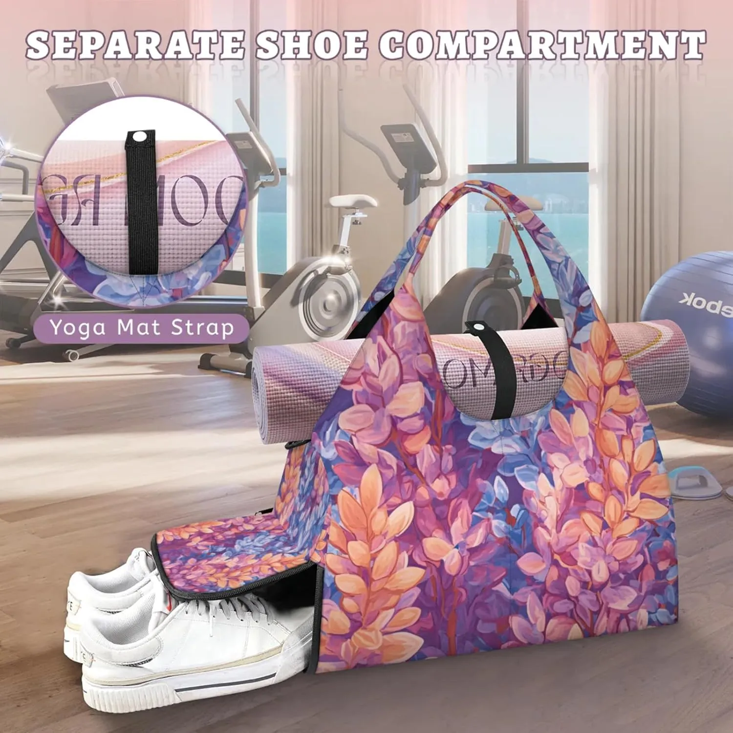 Gym Bag for Women Lavenders Themed Duffel Bag with Shoe Compartment and Yoga Mat Holder Portable Weekender Bags Travel Tote Bags