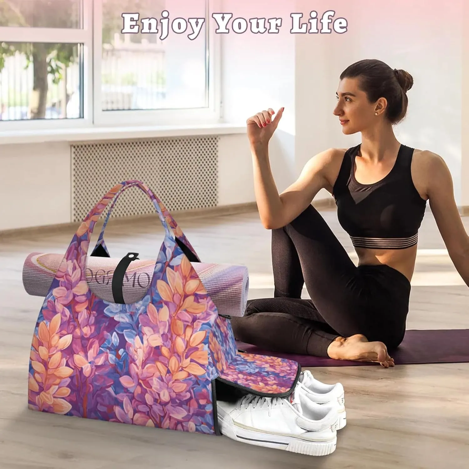 Gym Bag for Women Lavenders Themed Duffel Bag with Shoe Compartment and Yoga Mat Holder Portable Weekender Bags Travel Tote Bags