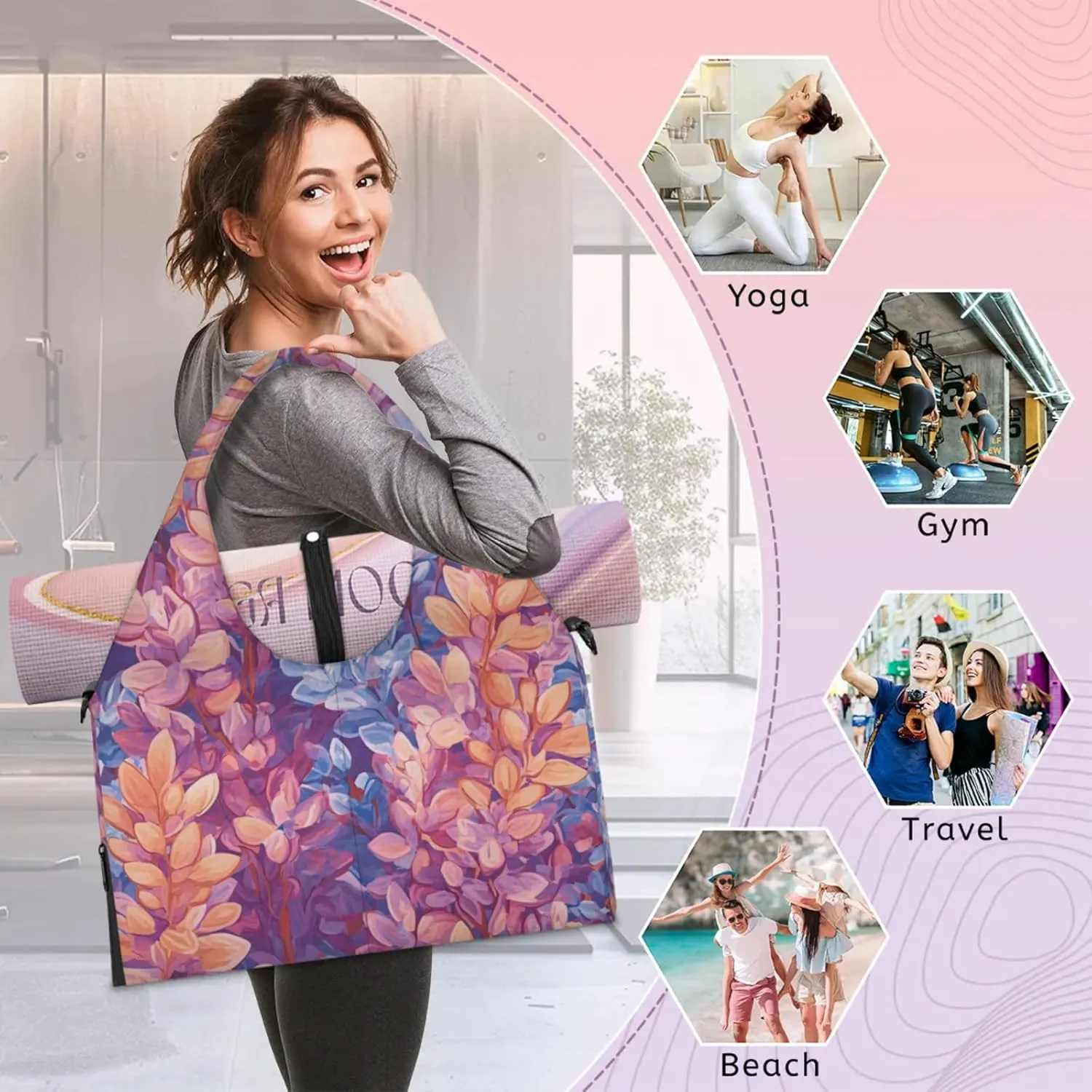 Gym Bag for Women Lavenders Themed Duffel Bag with Shoe Compartment and Yoga Mat Holder Portable Weekender Bags Travel Tote Bags