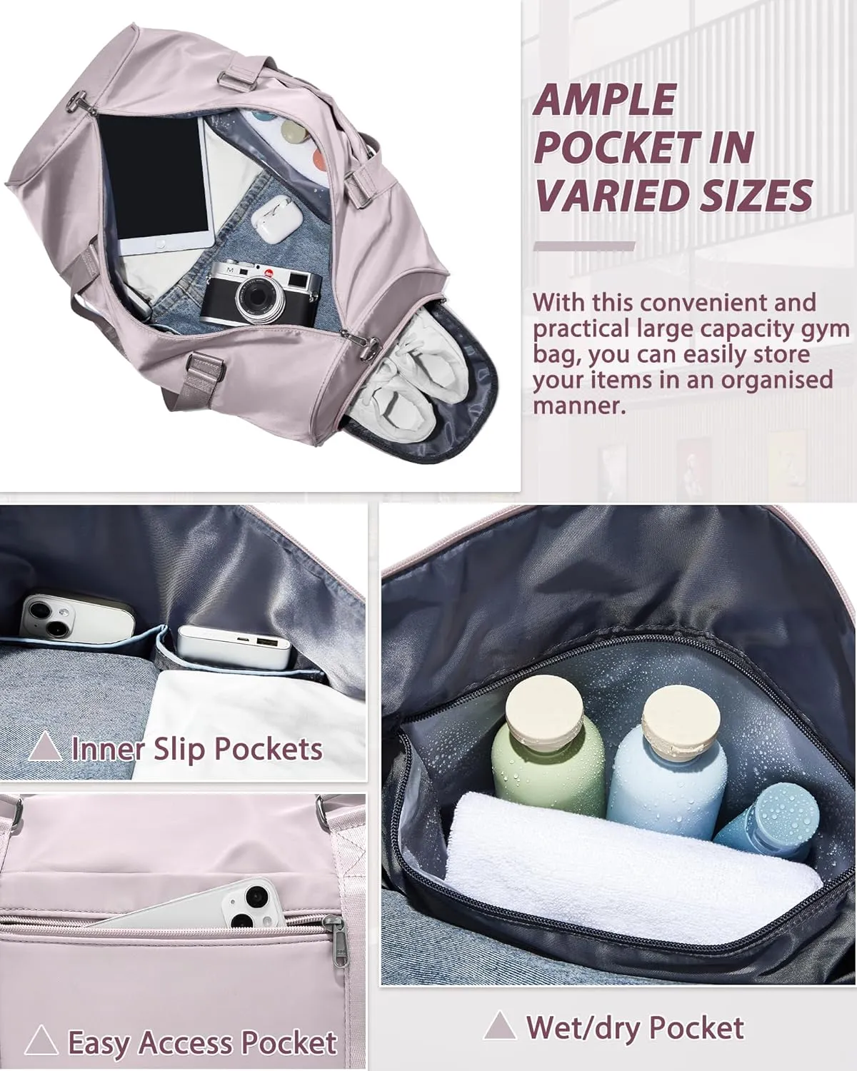 Gym Bag for Women Men with Shoe Compartment,Small Travel Duffle Bags for Traveling Overnight Weekender Bag Personal Item Travel Bag Large Sport Bag Workout Bag Pink