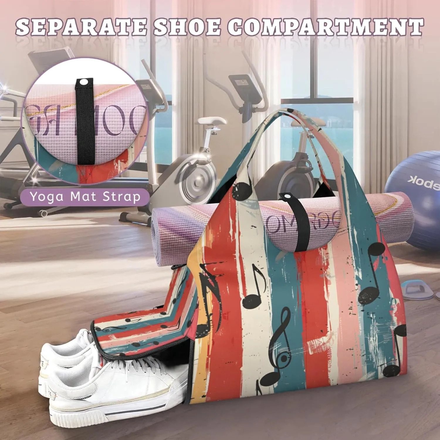 Gym Bag for Women Music Note Duffel Bag with Shoe Compartment and Yoga Mat Holder Portable Weekender Bags Travel Tote Bags
