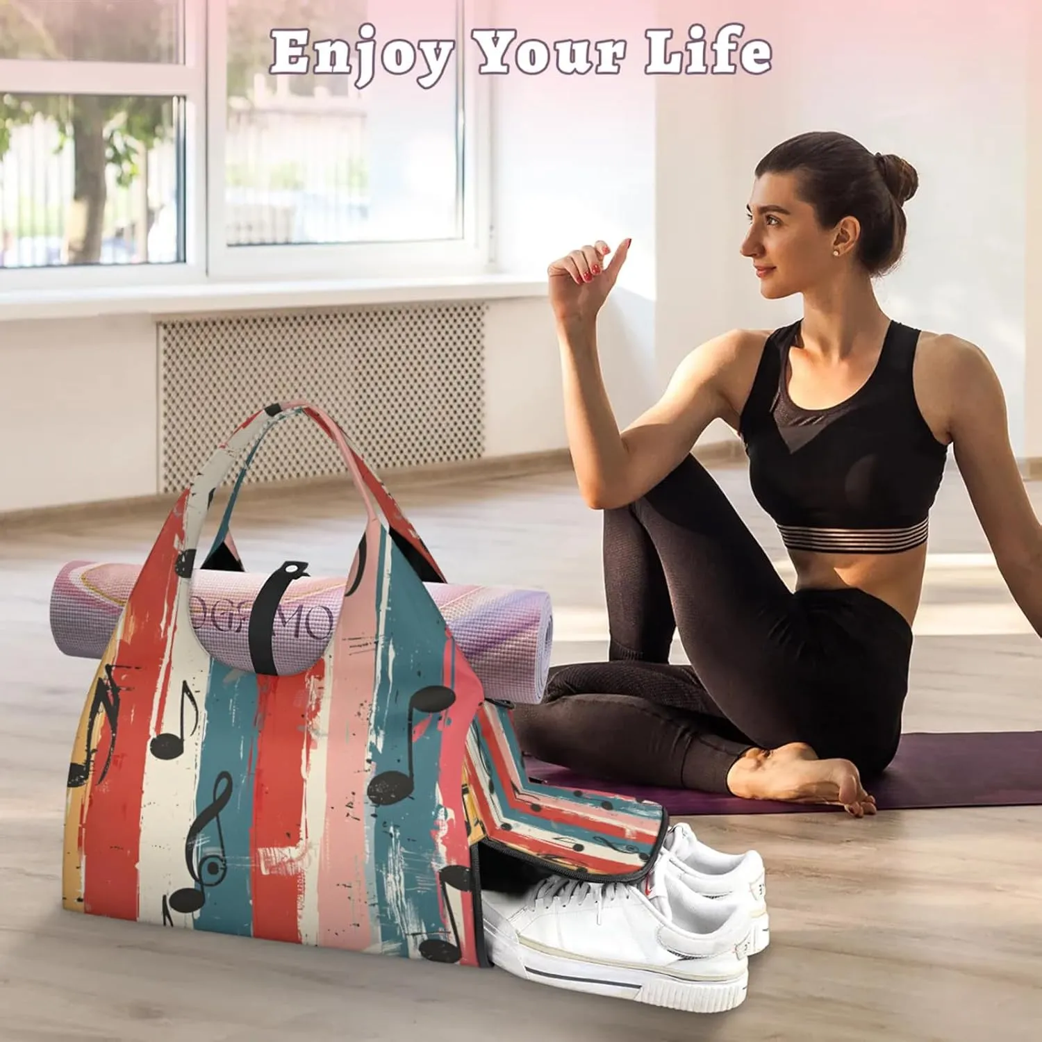 Gym Bag for Women Music Note Duffel Bag with Shoe Compartment and Yoga Mat Holder Portable Weekender Bags Travel Tote Bags