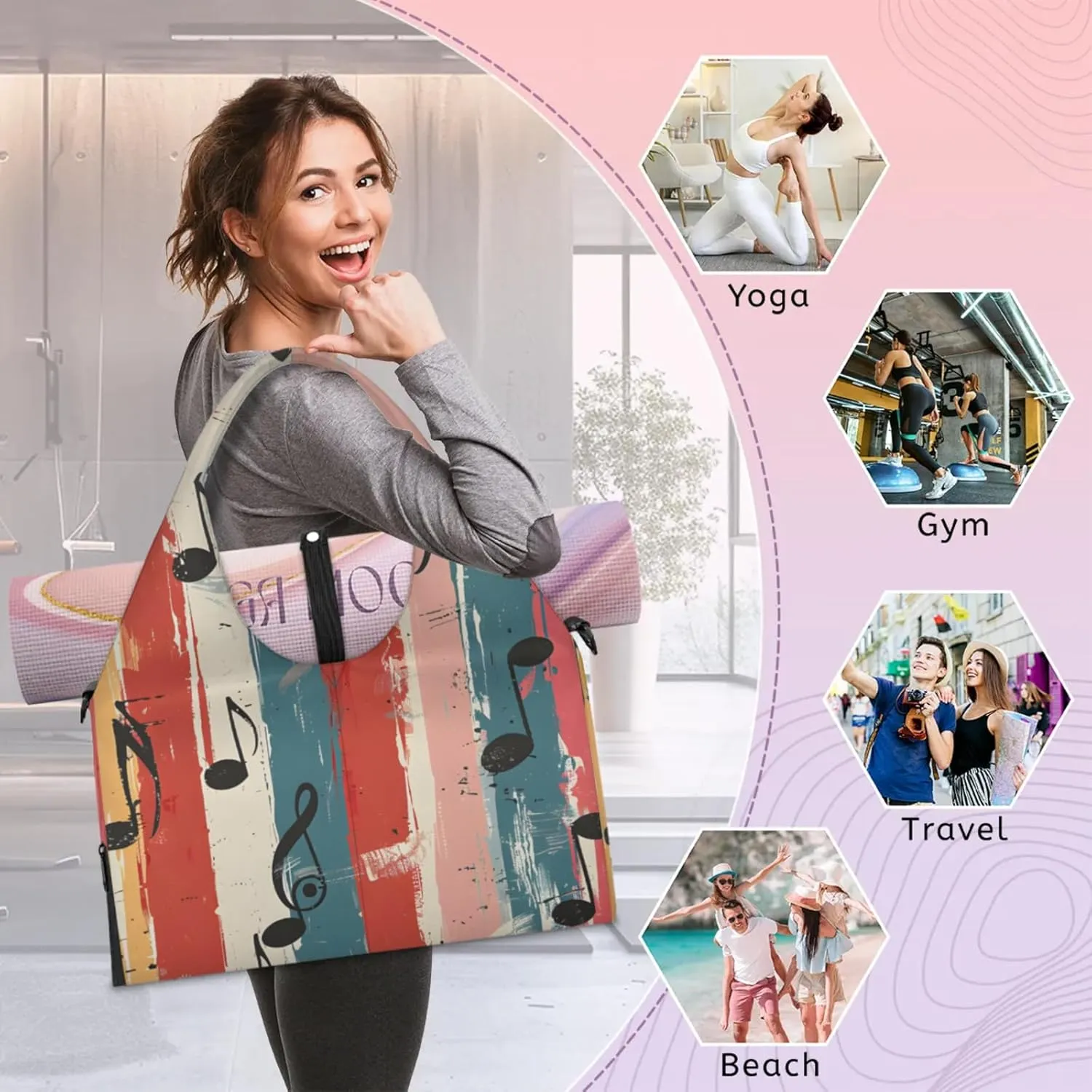 Gym Bag for Women Music Note Duffel Bag with Shoe Compartment and Yoga Mat Holder Portable Weekender Bags Travel Tote Bags