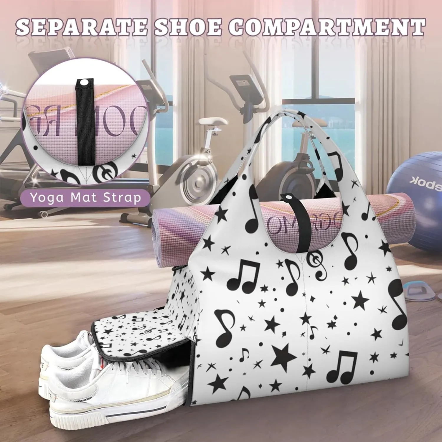 Gym Bag for Women Music Notes Stars Duffel Bag with Shoe Compartment and Yoga Mat Holder Portable Weekender Bags Travel Tote Bags