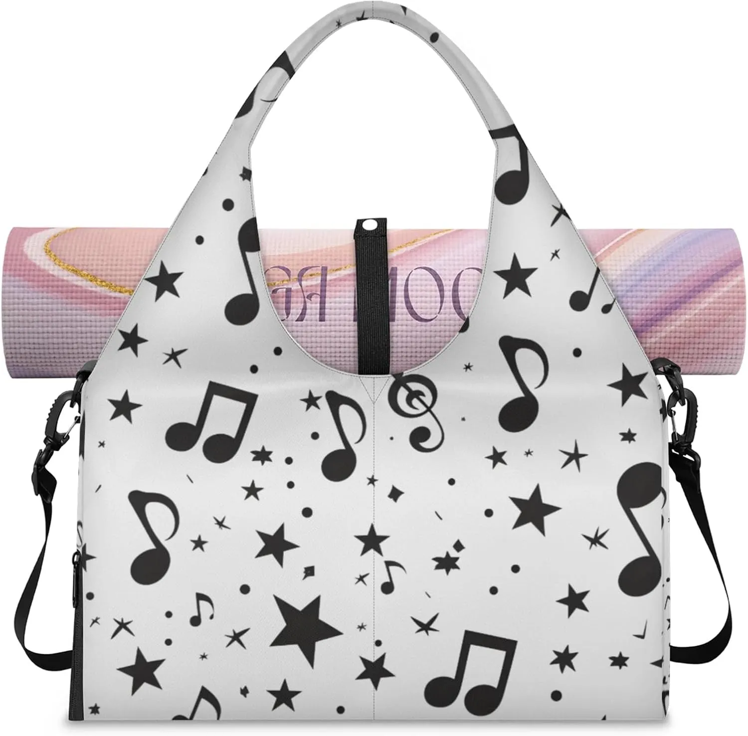 Gym Bag for Women Music Notes Stars Duffel Bag with Shoe Compartment and Yoga Mat Holder Portable Weekender Bags Travel Tote Bags