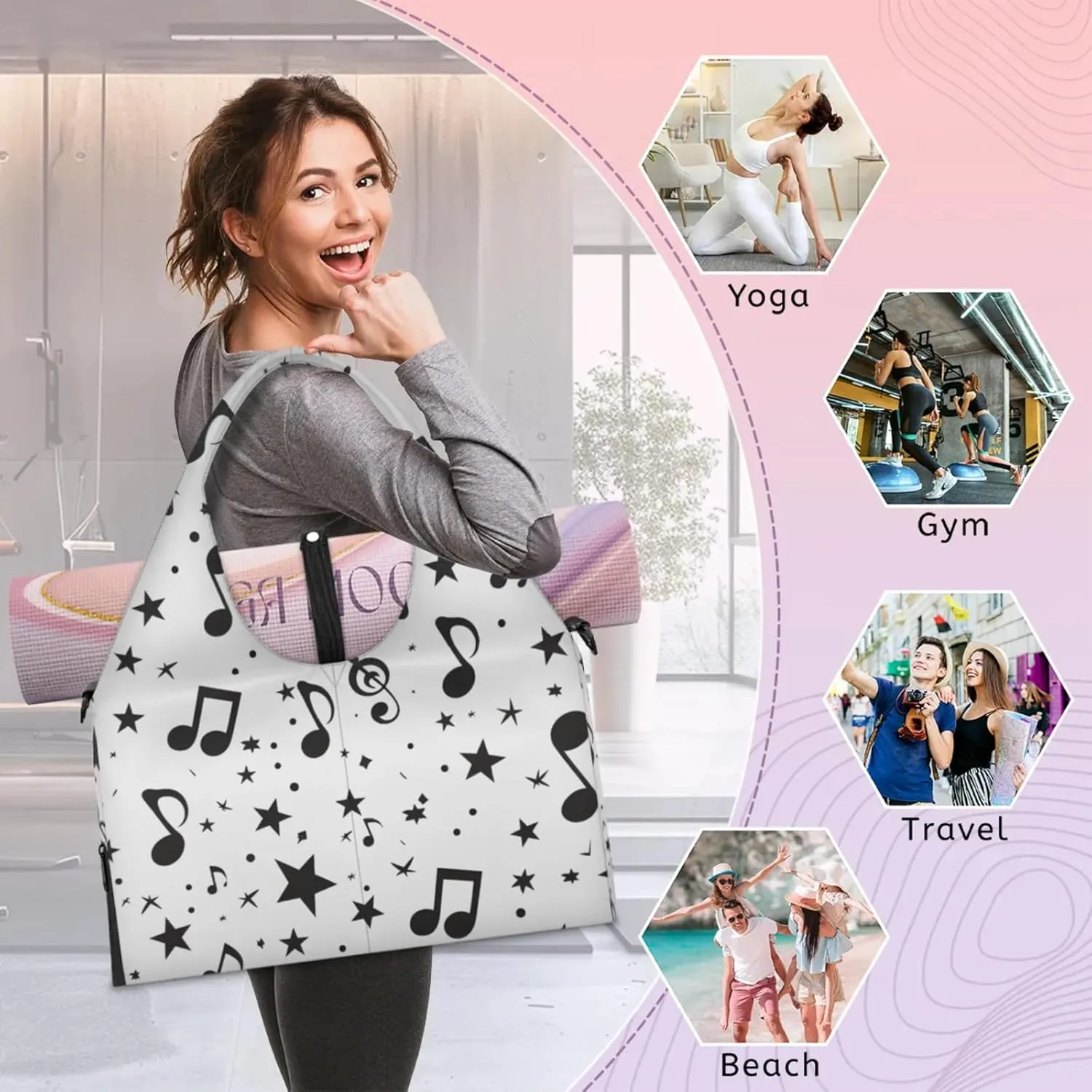 Gym Bag for Women Music Notes Stars Duffel Bag with Shoe Compartment and Yoga Mat Holder Portable Weekender Bags Travel Tote Bags