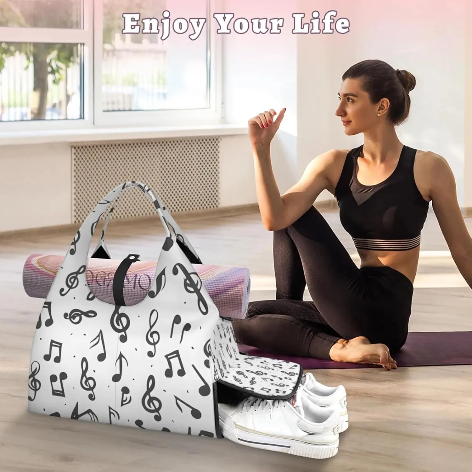 Gym Bag for Women Notes Music Duffel Bag with Shoe Compartment and Yoga Mat Holder Portable Weekender Bags Travel Tote Bags
