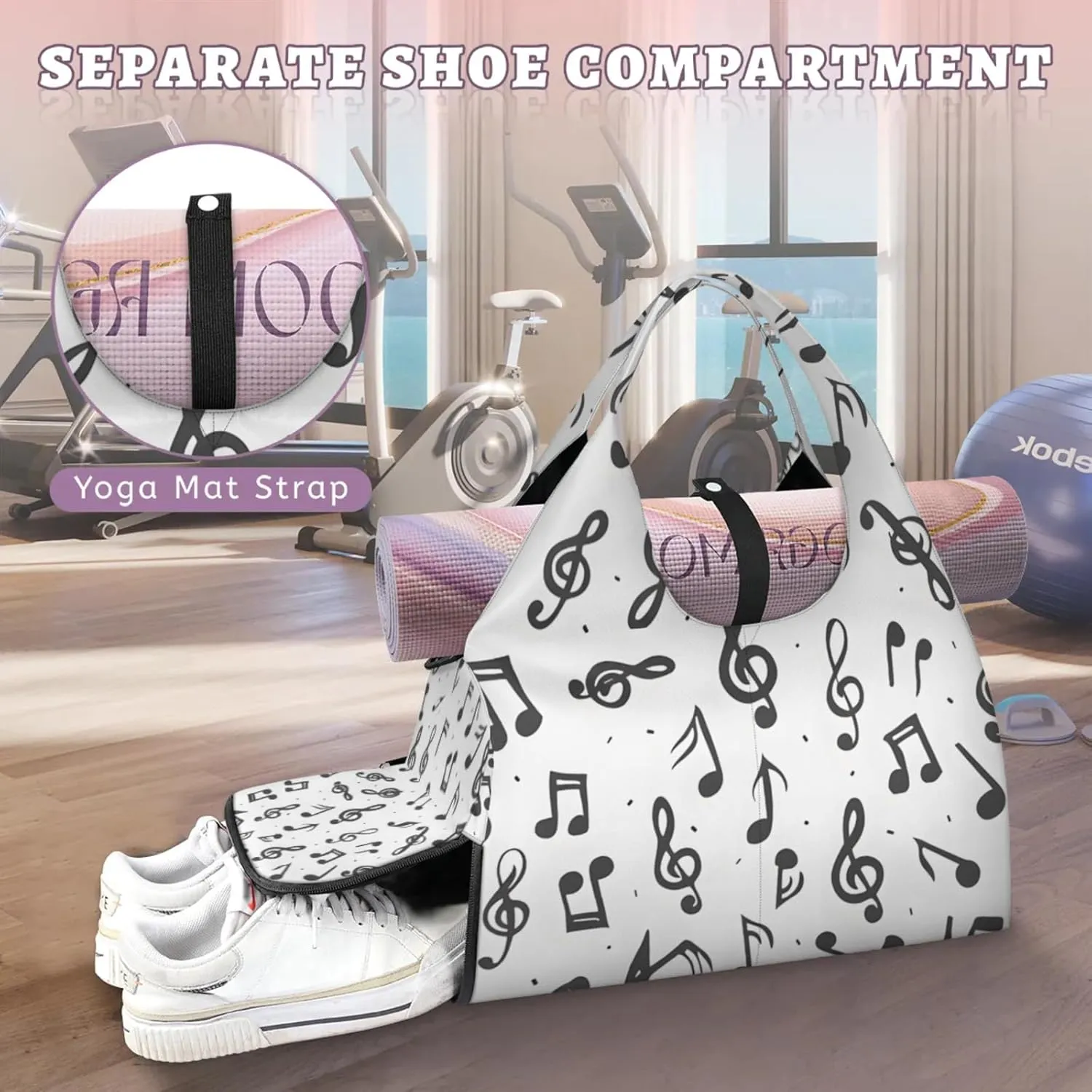 Gym Bag for Women Notes Music Duffel Bag with Shoe Compartment and Yoga Mat Holder Portable Weekender Bags Travel Tote Bags