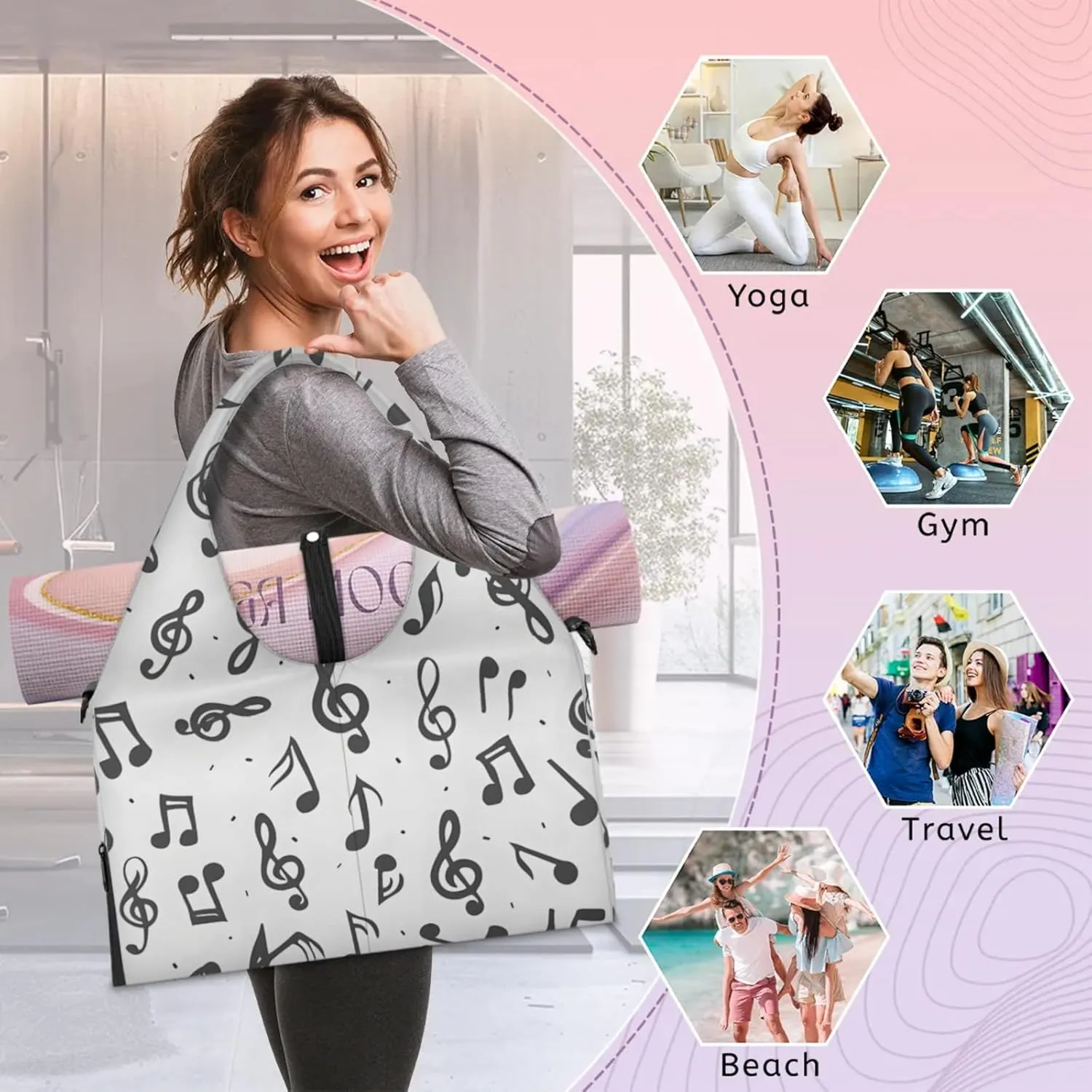 Gym Bag for Women Notes Music Duffel Bag with Shoe Compartment and Yoga Mat Holder Portable Weekender Bags Travel Tote Bags