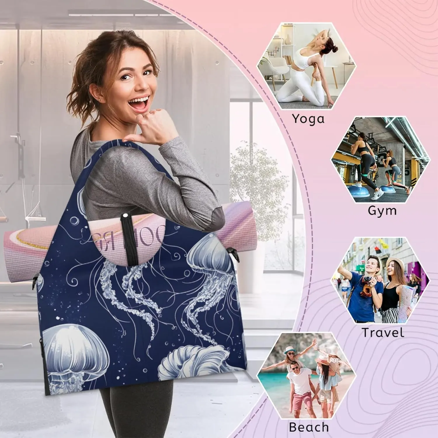 Gym Bag for Women Ocean Jellyfish Theme Duffel Bag with Shoe Compartment and Yoga Mat Holder Portable Weekender Bags Travel Tote Bags