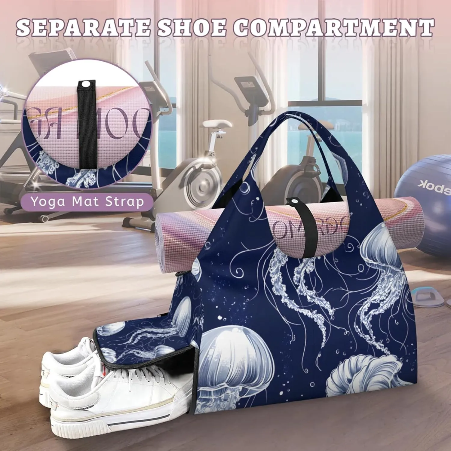 Gym Bag for Women Ocean Jellyfish Theme Duffel Bag with Shoe Compartment and Yoga Mat Holder Portable Weekender Bags Travel Tote Bags