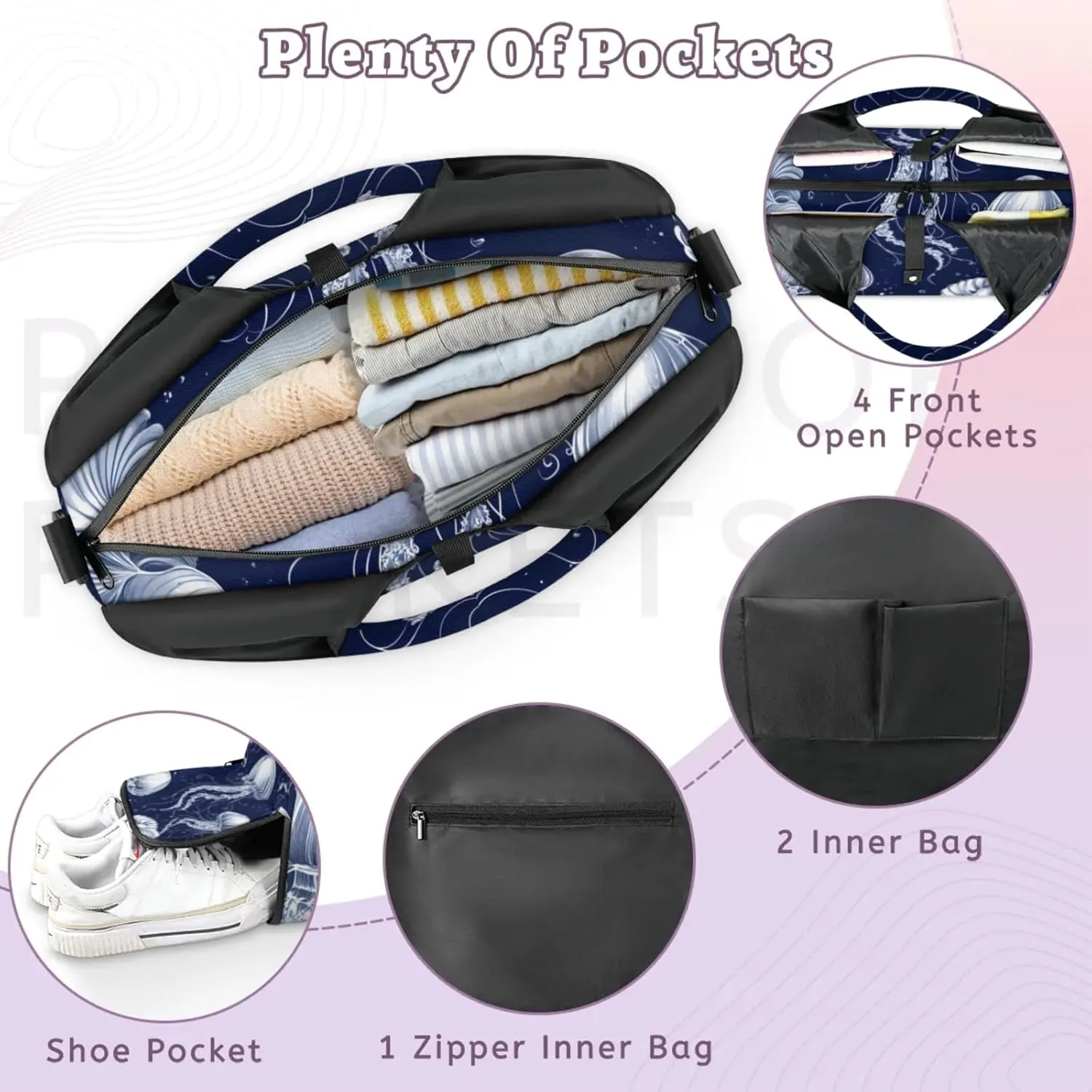 Gym Bag for Women Ocean Jellyfish Theme Duffel Bag with Shoe Compartment and Yoga Mat Holder Portable Weekender Bags Travel Tote Bags