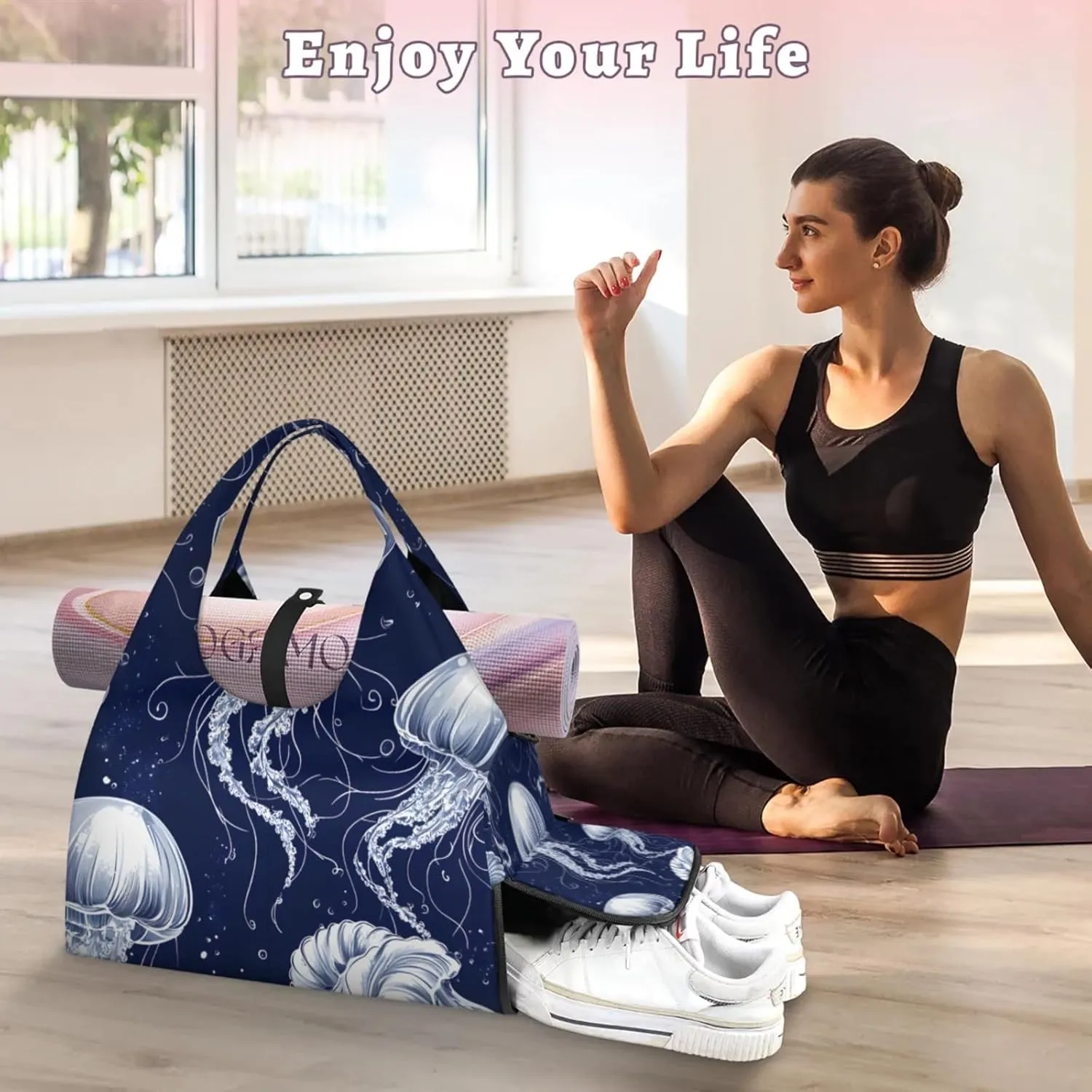 Gym Bag for Women Ocean Jellyfish Theme Duffel Bag with Shoe Compartment and Yoga Mat Holder Portable Weekender Bags Travel Tote Bags