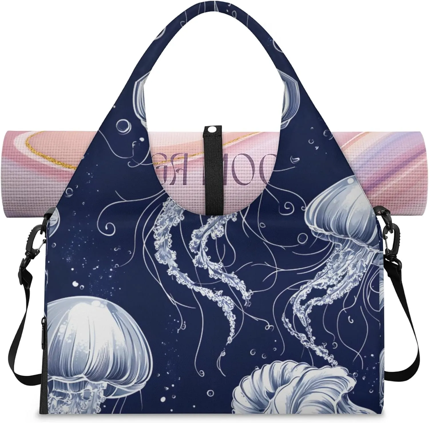 Gym Bag for Women Ocean Jellyfish Theme Duffel Bag with Shoe Compartment and Yoga Mat Holder Portable Weekender Bags Travel Tote Bags