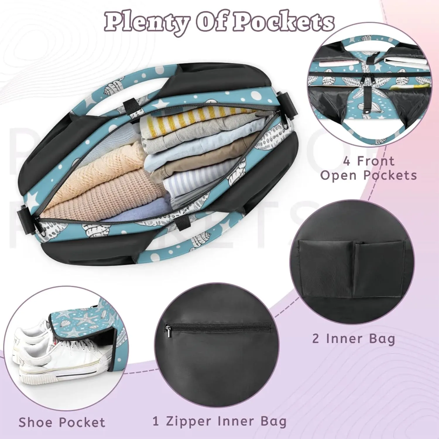 Gym Bag for Women Ocean Starfishes Duffel Bag with Shoe Compartment and Yoga Mat Holder Portable Weekender Bags Travel Tote Bags