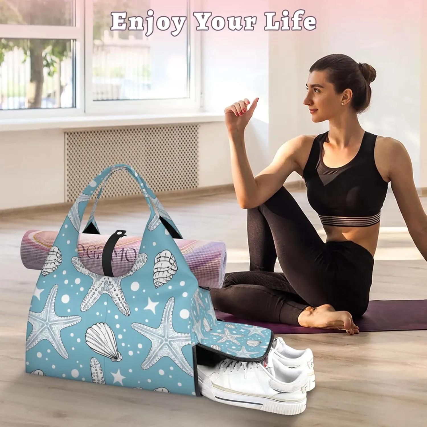 Gym Bag for Women Ocean Starfishes Duffel Bag with Shoe Compartment and Yoga Mat Holder Portable Weekender Bags Travel Tote Bags