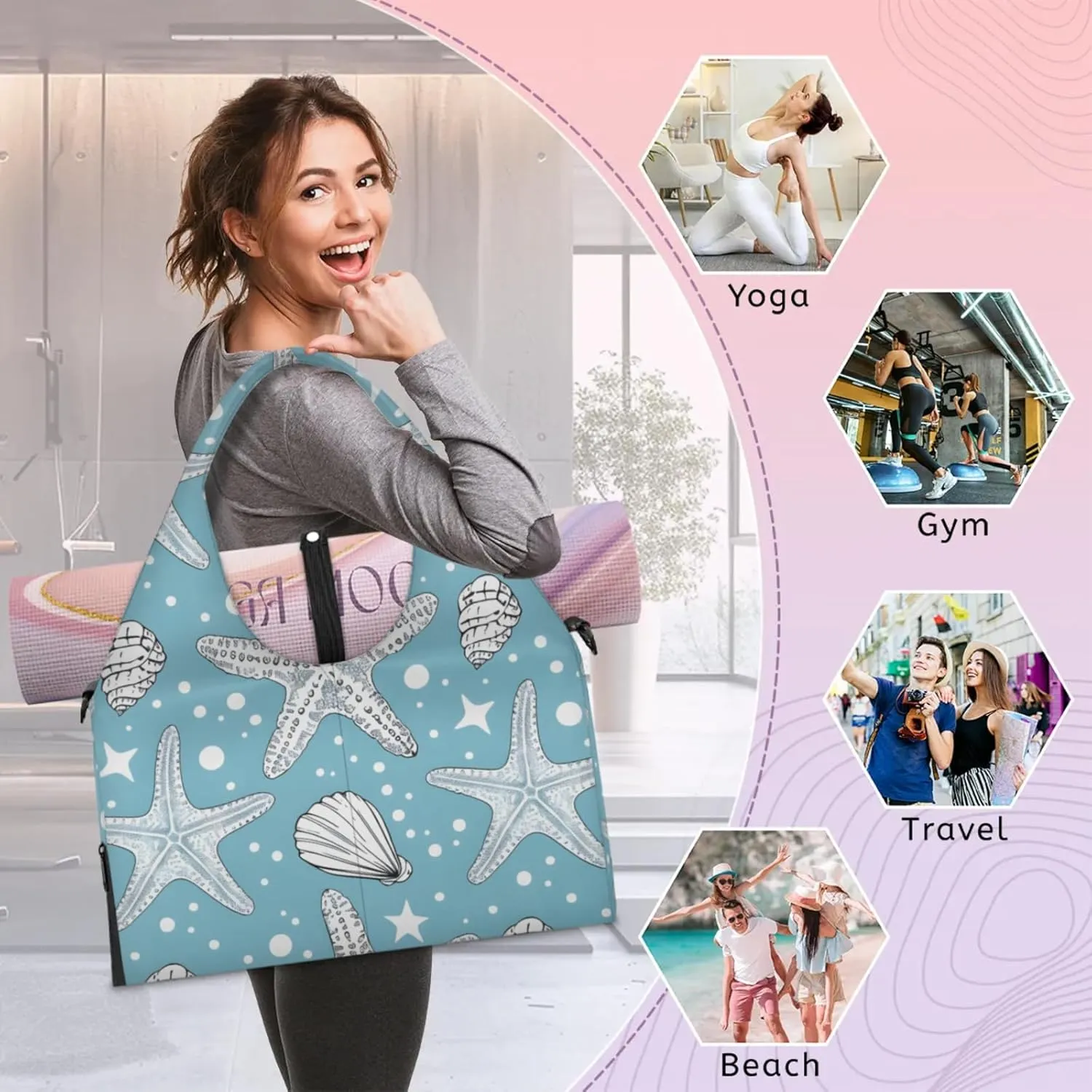Gym Bag for Women Ocean Starfishes Duffel Bag with Shoe Compartment and Yoga Mat Holder Portable Weekender Bags Travel Tote Bags