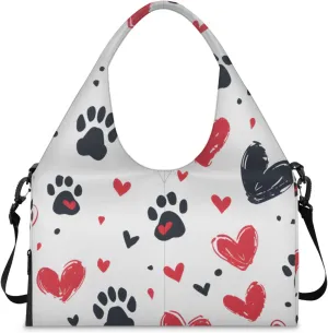 Gym Bag for Women Paw Print Love Heart Duffel Bag with Shoe Compartment and Yoga Mat Holder Portable Weekender Bags Travel Tote Bags