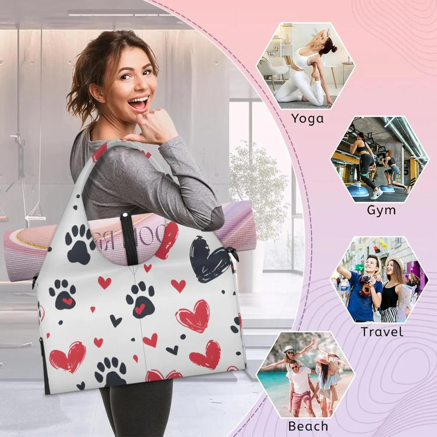 Gym Bag for Women Paw Print Love Heart Duffel Bag with Shoe Compartment and Yoga Mat Holder Portable Weekender Bags Travel Tote Bags